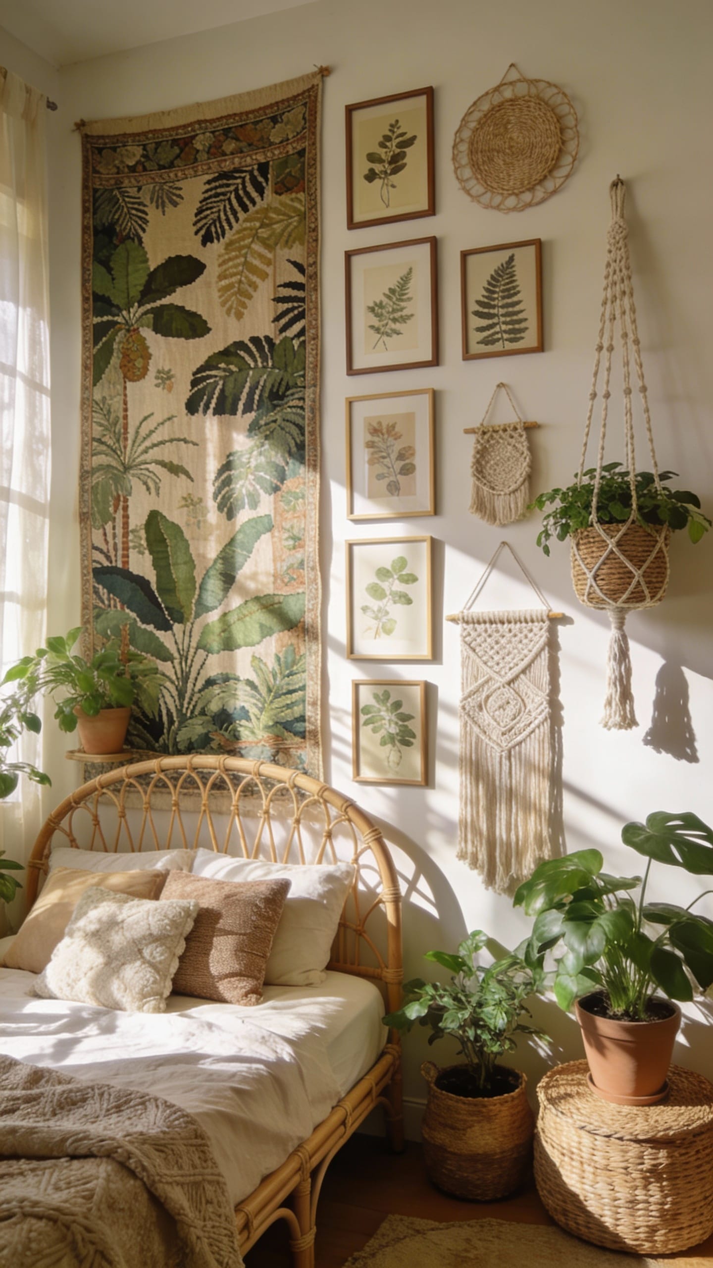 Boho Rattan Haven With Botanical Tapestry