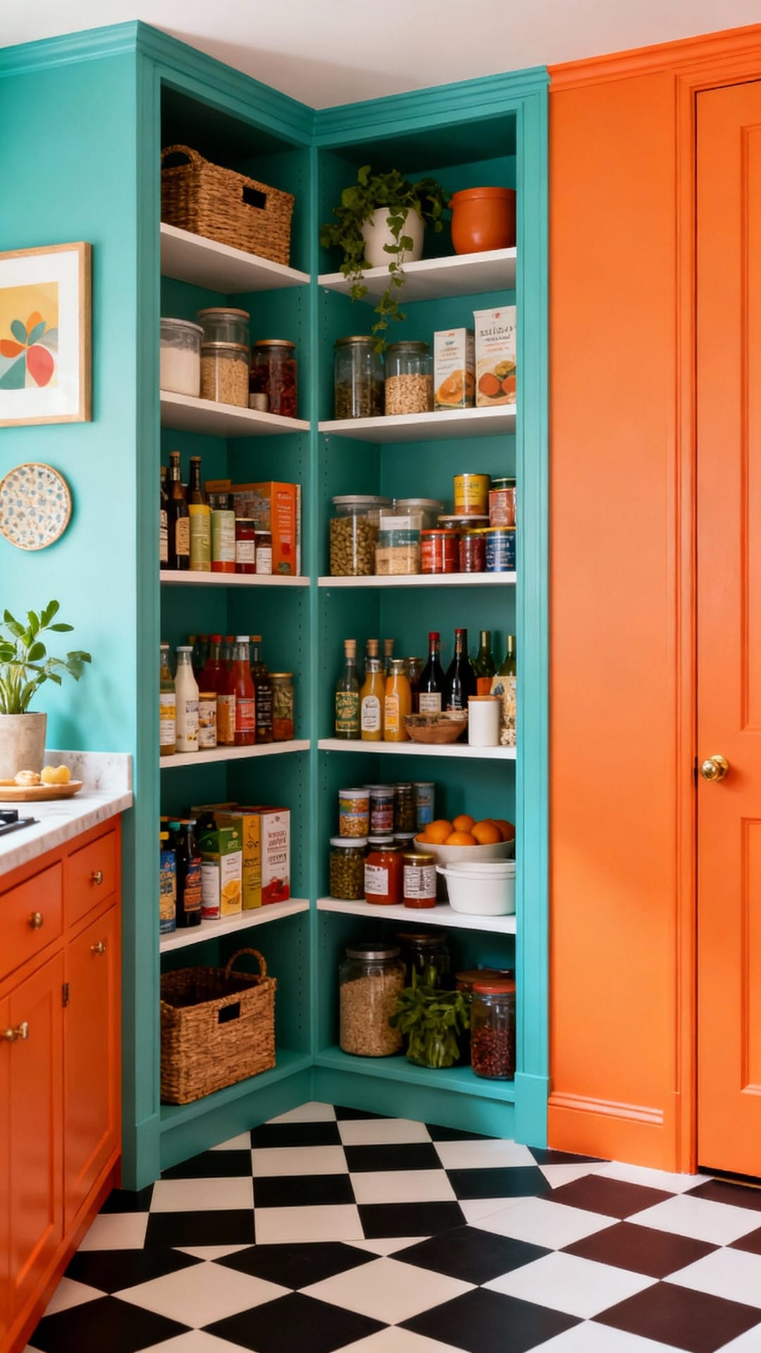 Bold Color Pop Pantry With Checker Floor