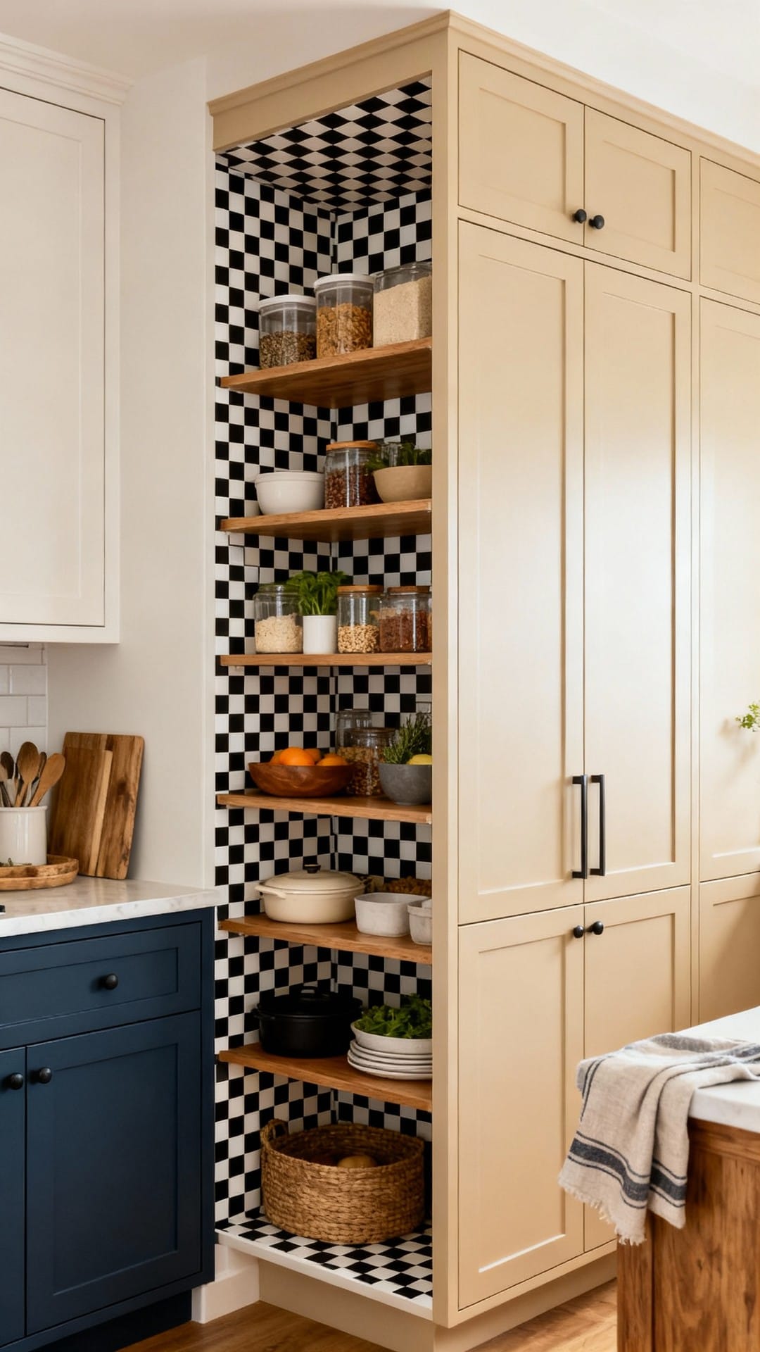 Bold Two-Tone Pantry With Checkerboard Lining