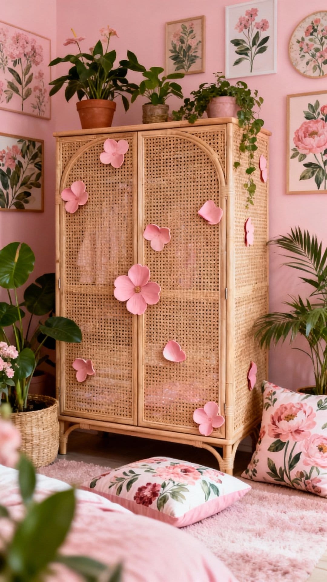 Botanical Caned Wardrobe with Petal Accents