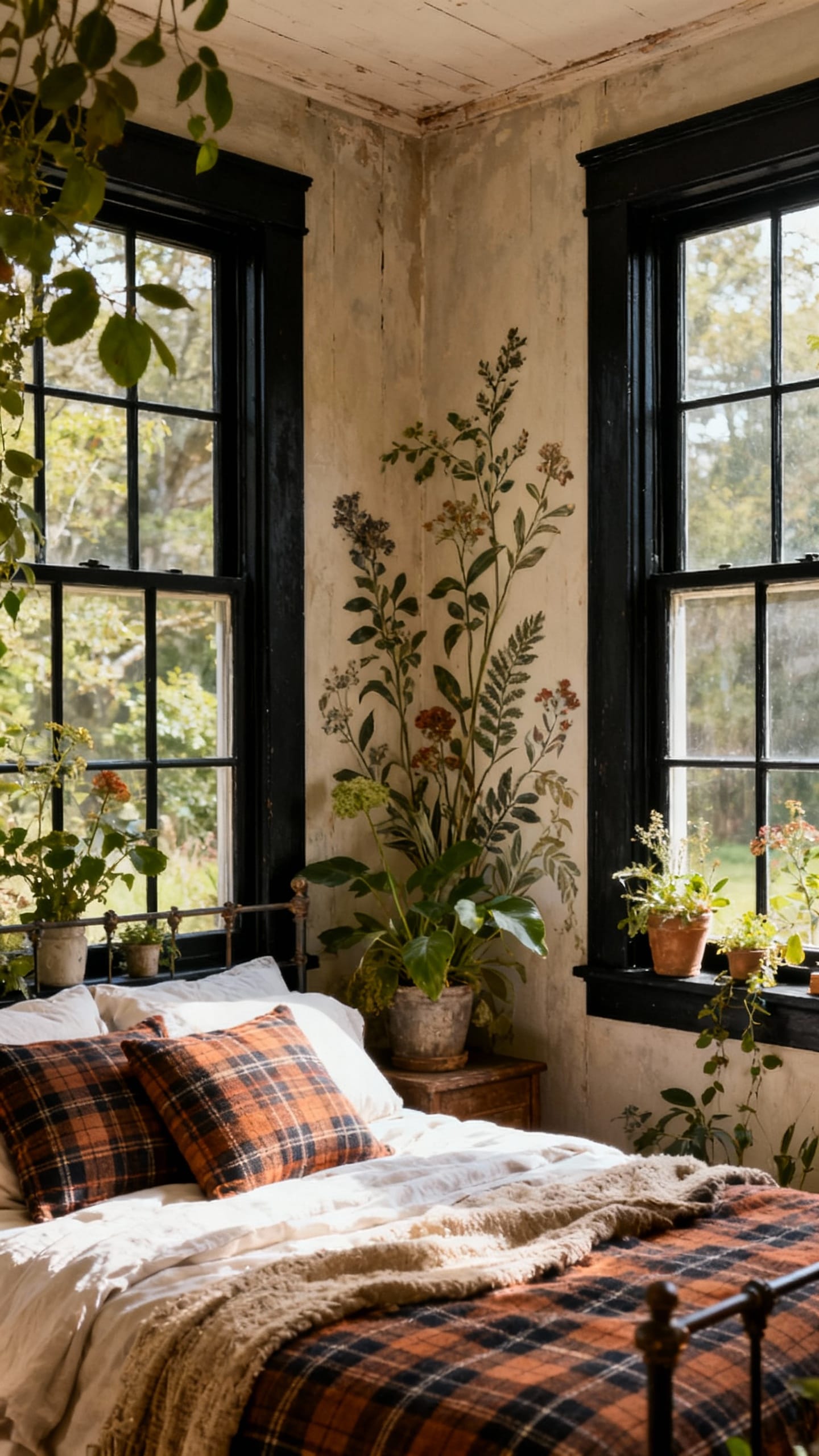 Botanical Farmhouse With Black Windows and Plaid