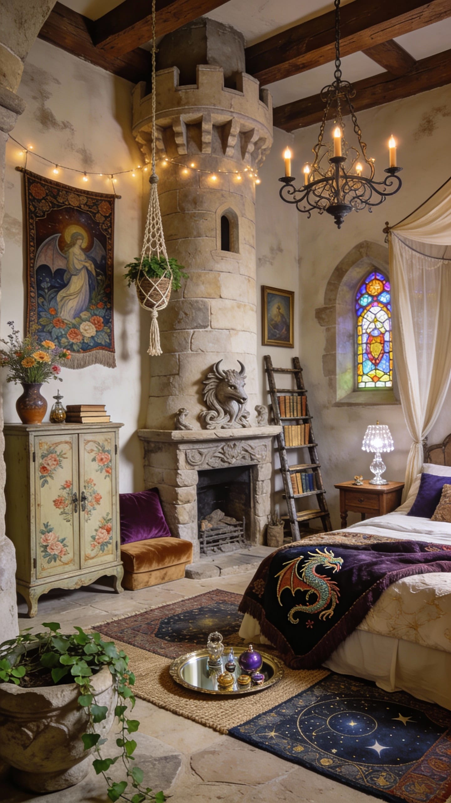 Castle Tower Bedroom With Stone Wash Walls