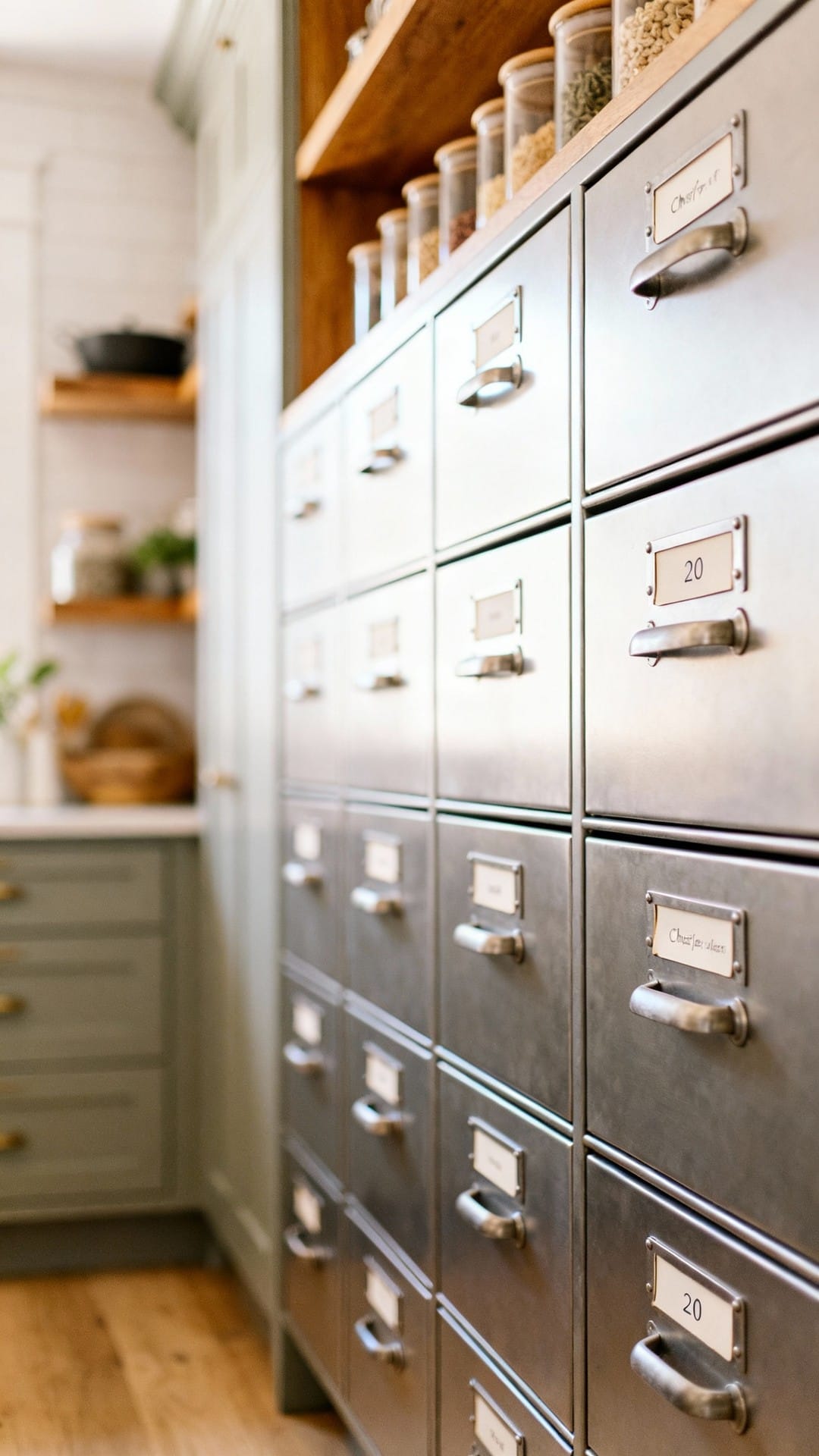 Chef’s Pantry With Metal Drawers and Labels