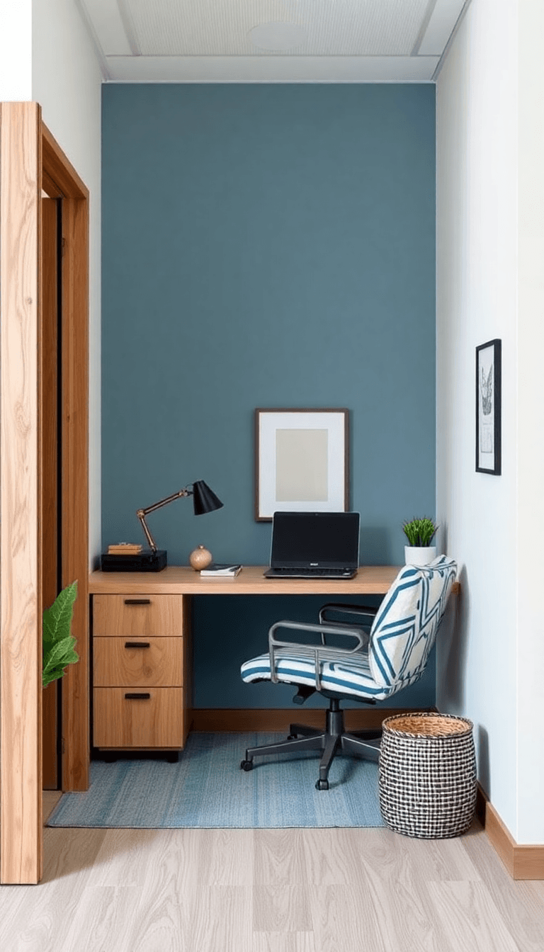 Coastal-Cool Cubicle With Stripes and Driftwood Tones