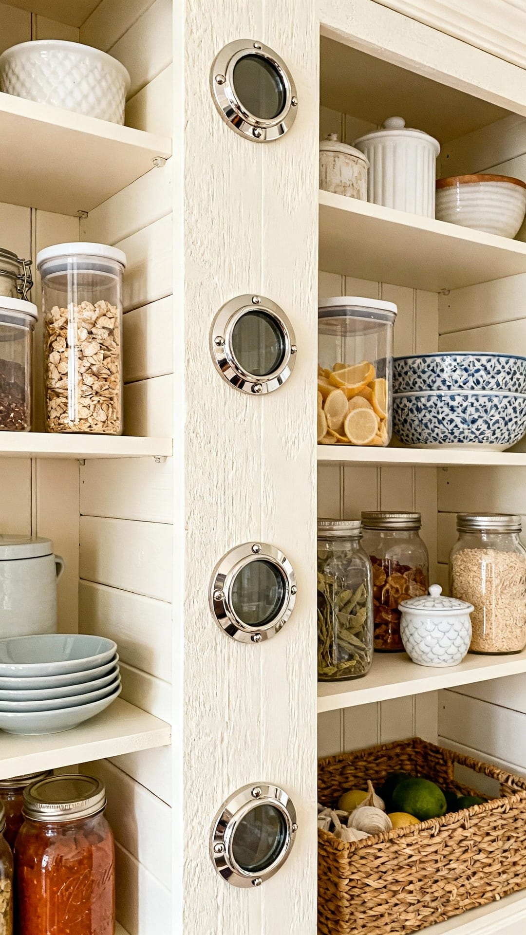 Coastal Pantry With Shiplap and Porthole Knobs