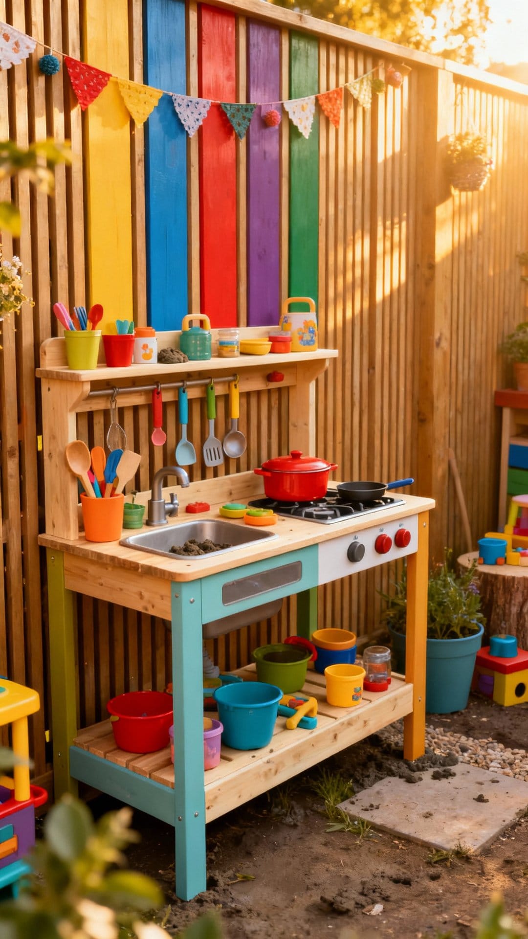 Color-Pop Art Studio Kitchen With Slatted Wall