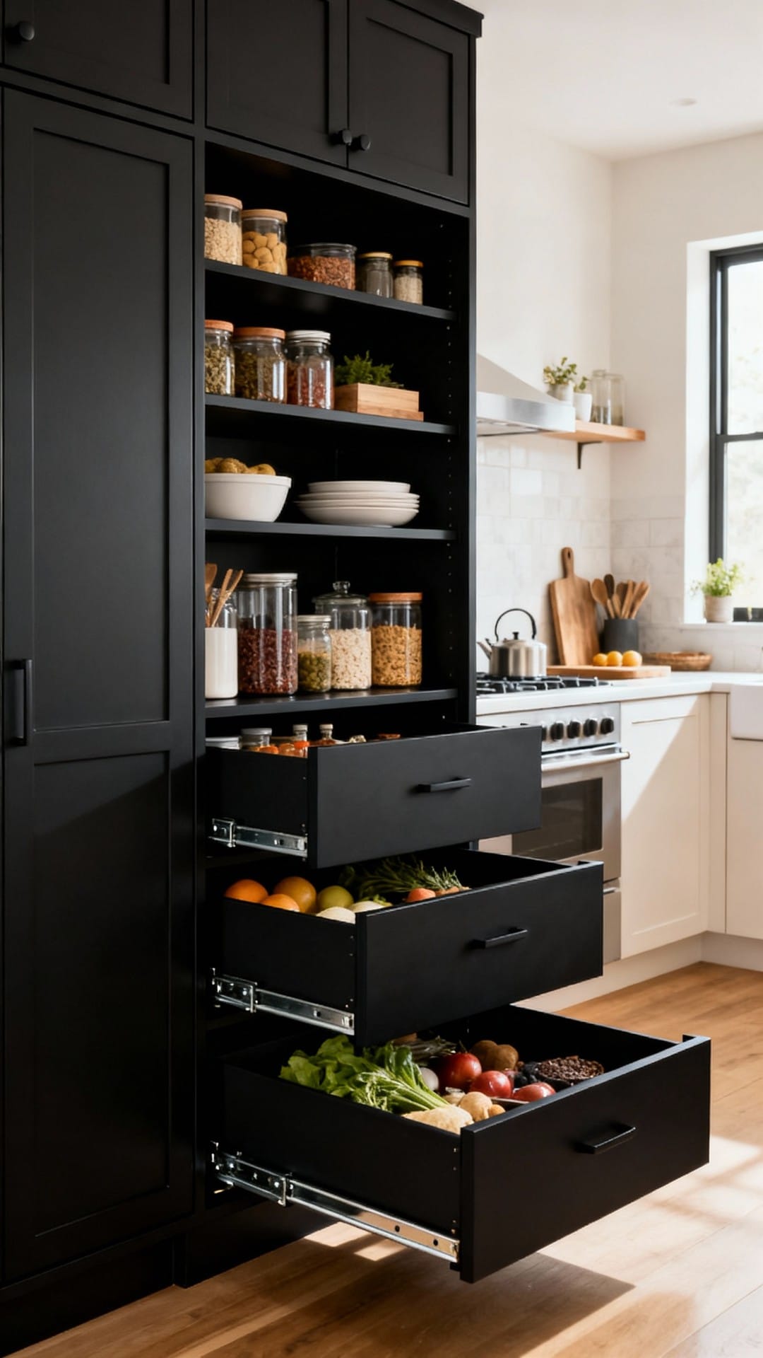 Contemporary Black Pantry With Slide-Out Pantries