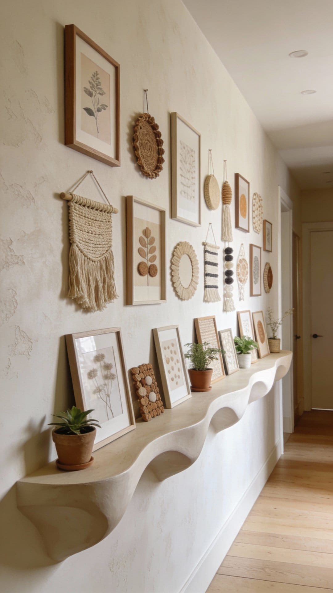 Contemporary Hallway With Sculptural Picture Ledge Wall