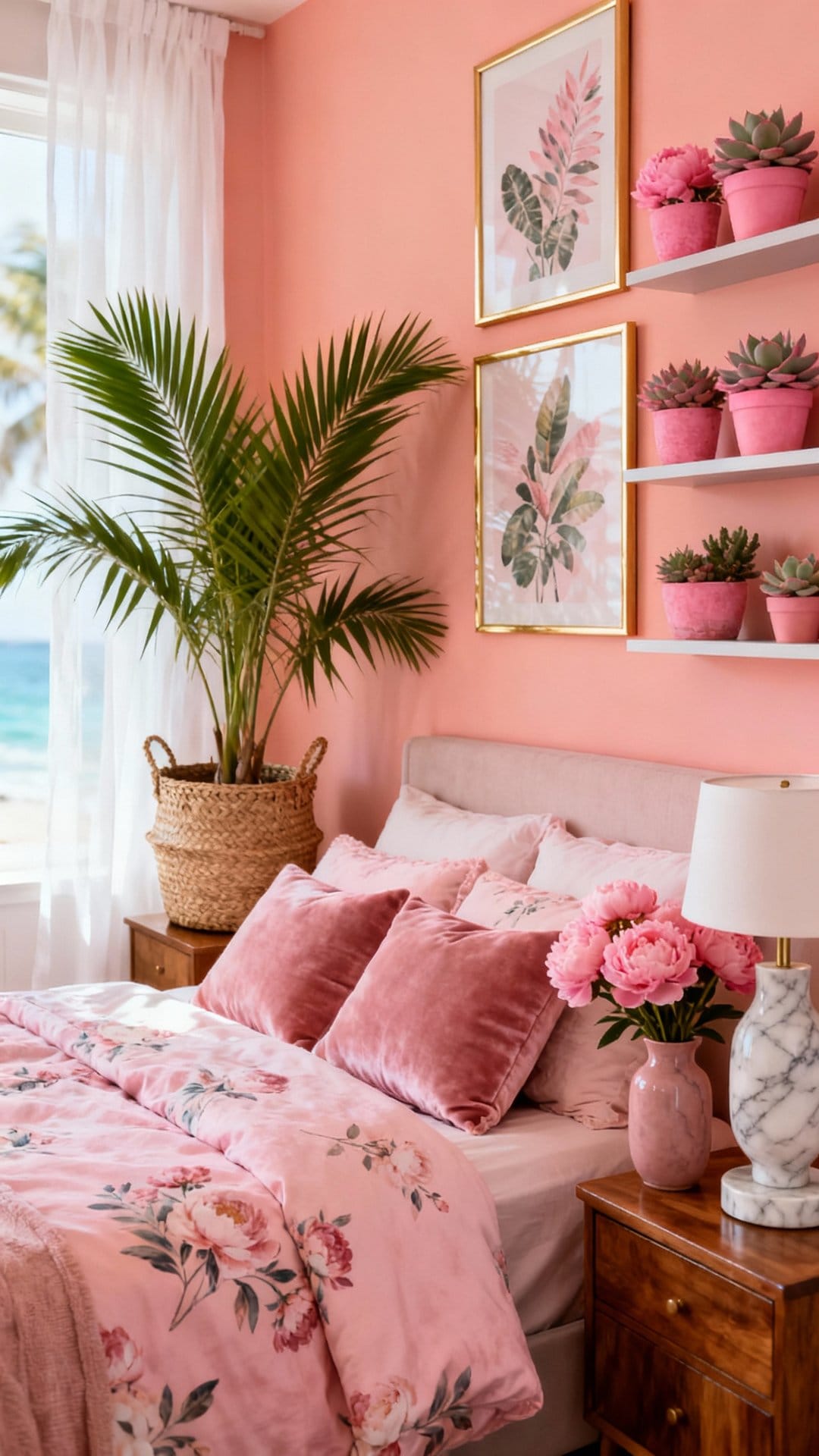 Coral-Pink Coastal with Palm Fronds