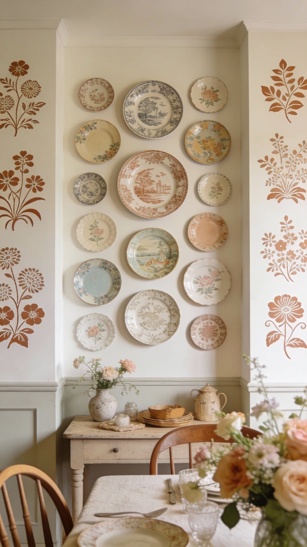 Cottagecore Dining With Plate Wall and Stenciled Florals