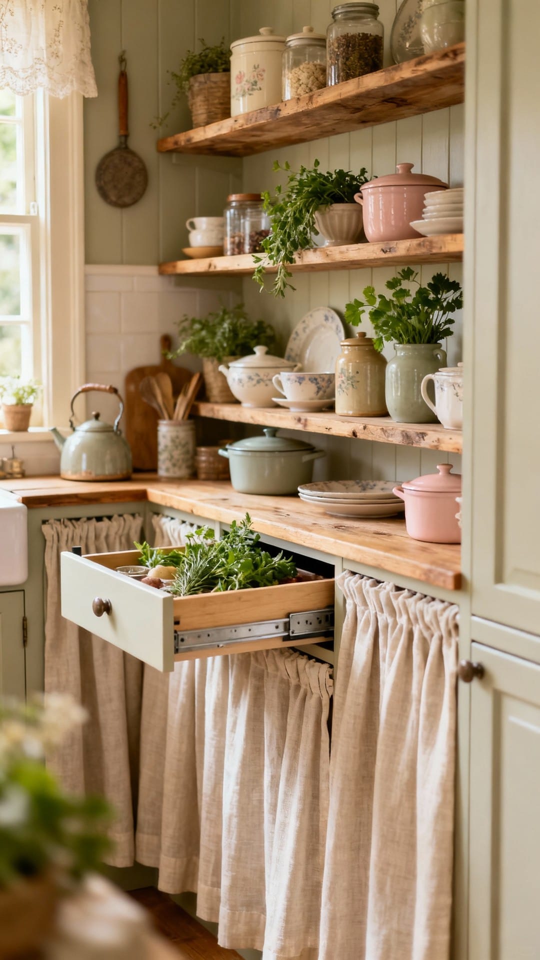 Cottagecore Pantry Nook with Curtain-Front Pullouts
