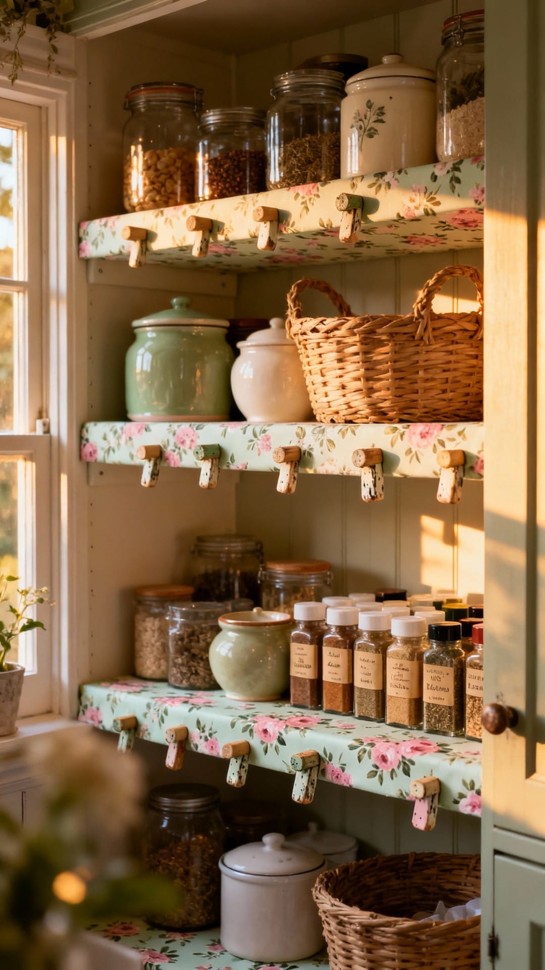 Cottagecore Pantry With Floral Liners and Painted Pegs