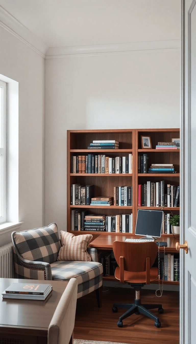 Cozy Library Corner With Walnut and Plaid