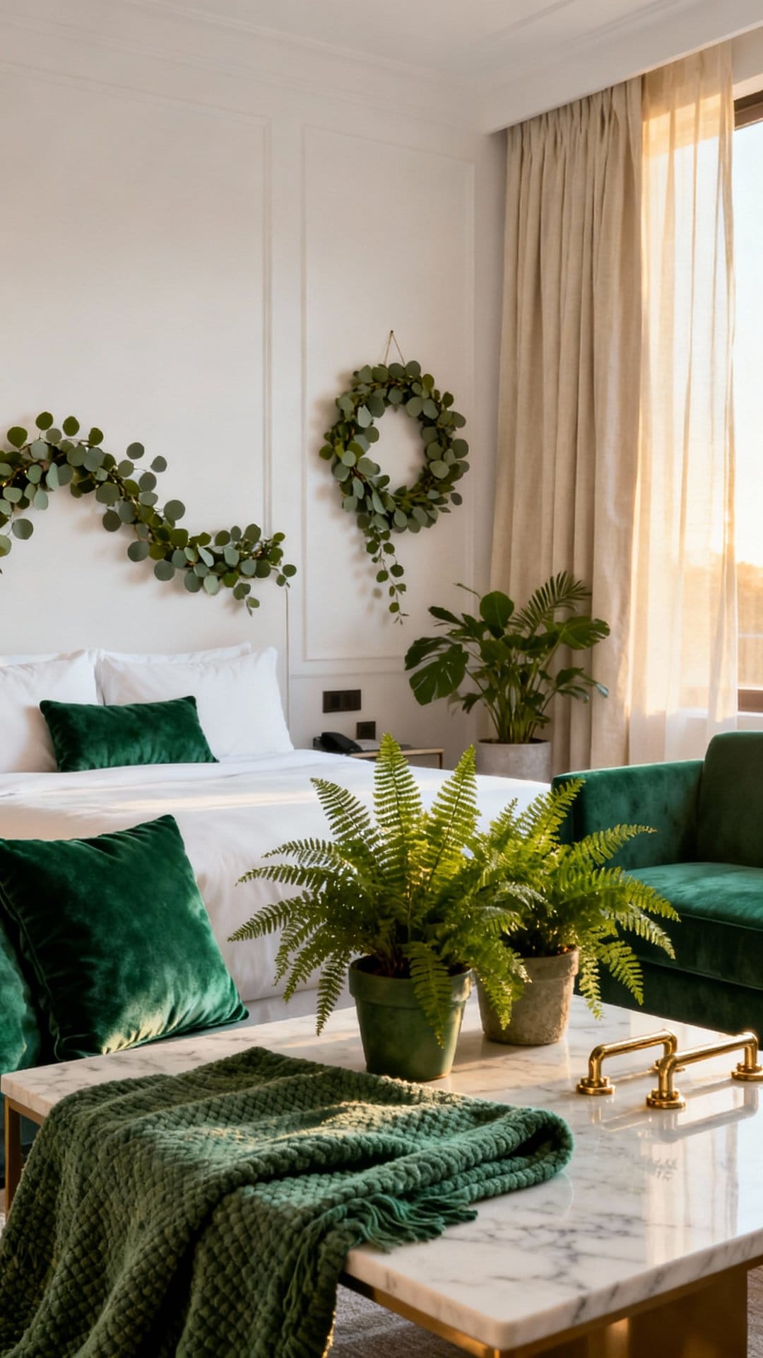 Crisp Hotel Suite With Emerald Accents