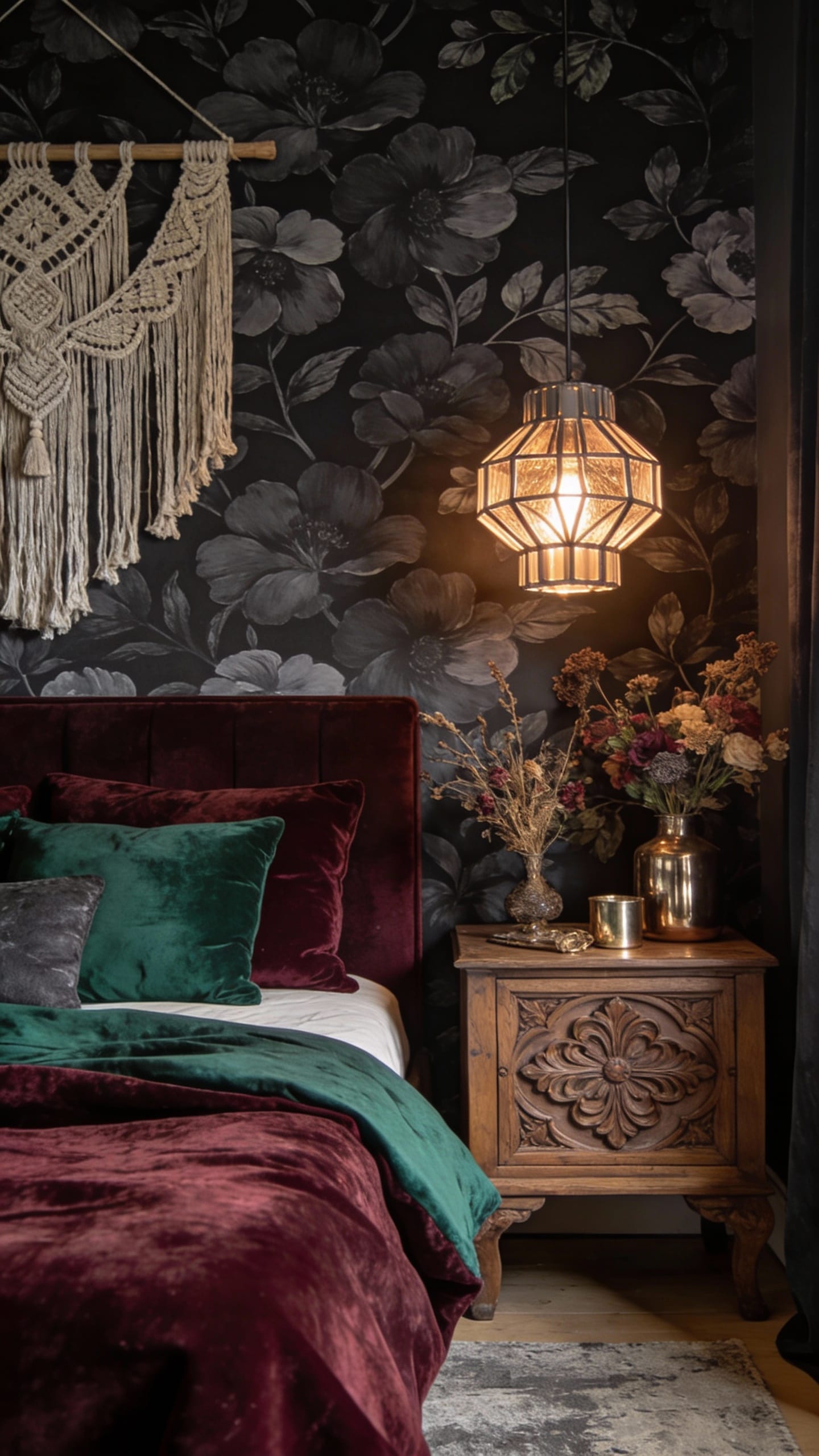 Dark Floral Mural With Sculptural Lighting