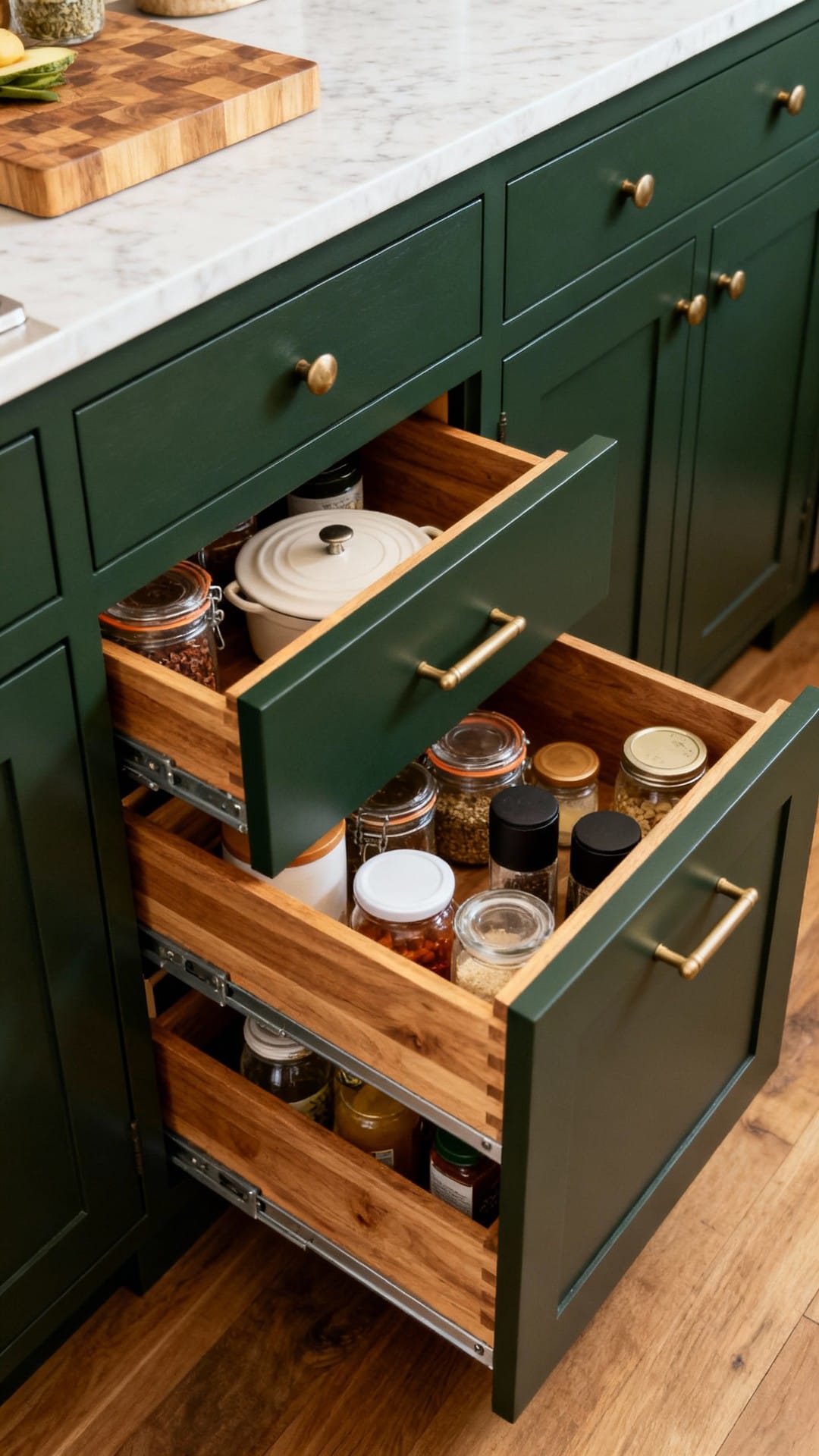 Dark Green Heritage Kitchen with Oak-Lined Pullouts