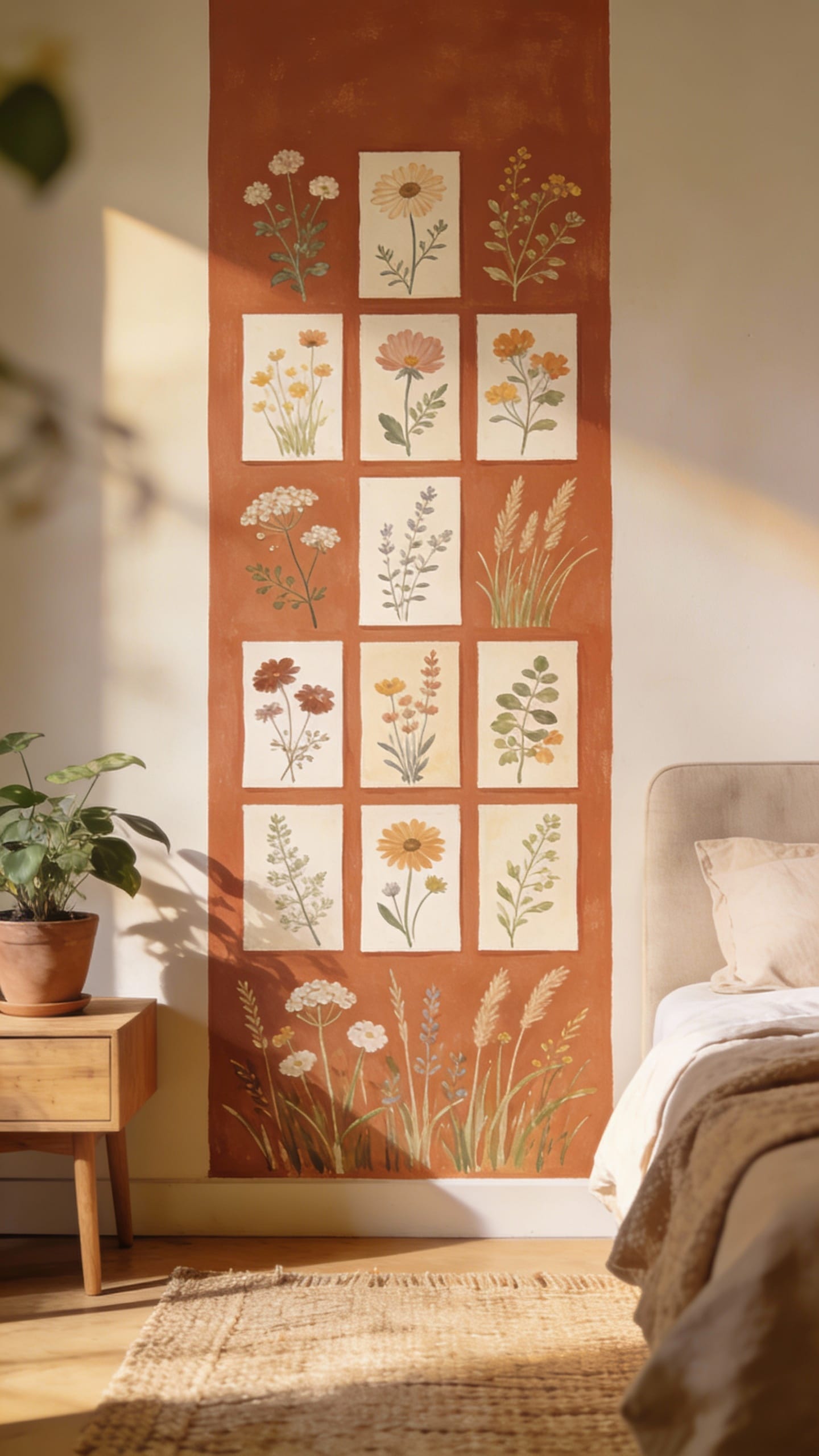 Earthy Terracotta Mural With Wild Meadow Florals