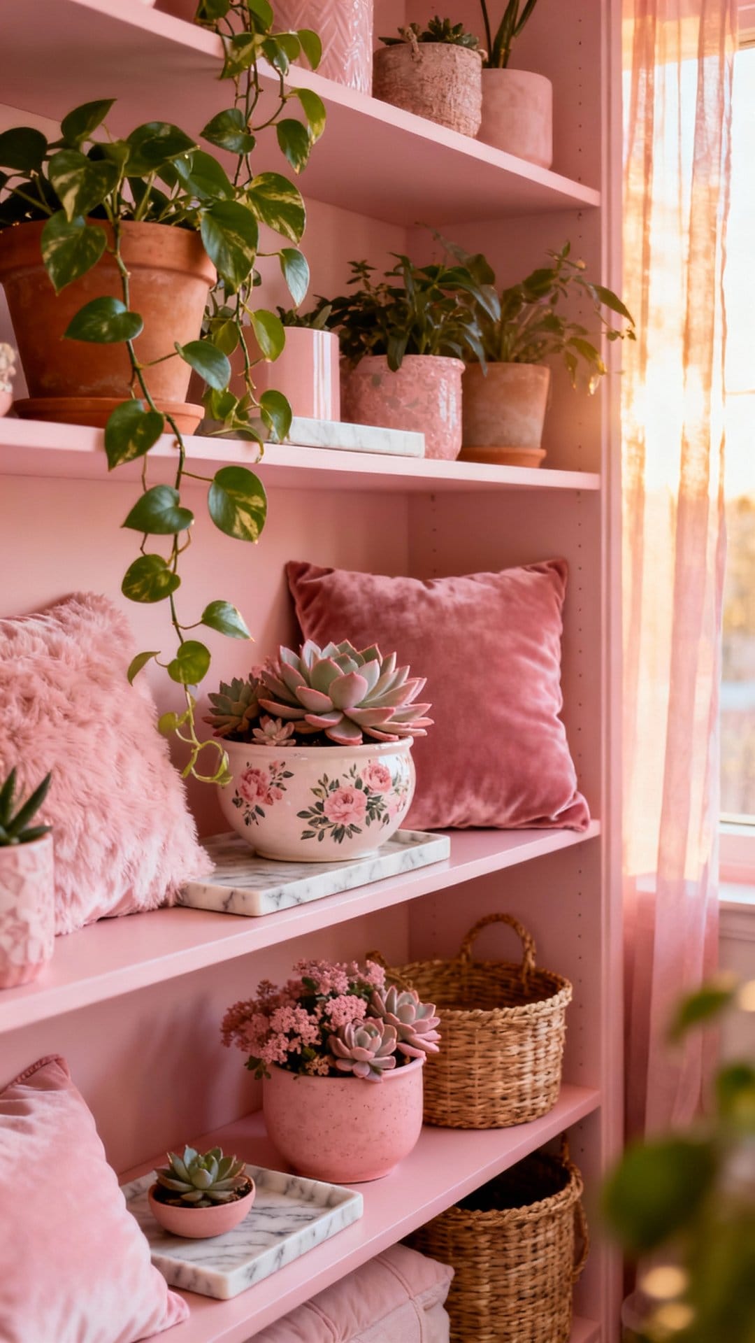 Eclectic Pink Plant Lab with Open Shelving