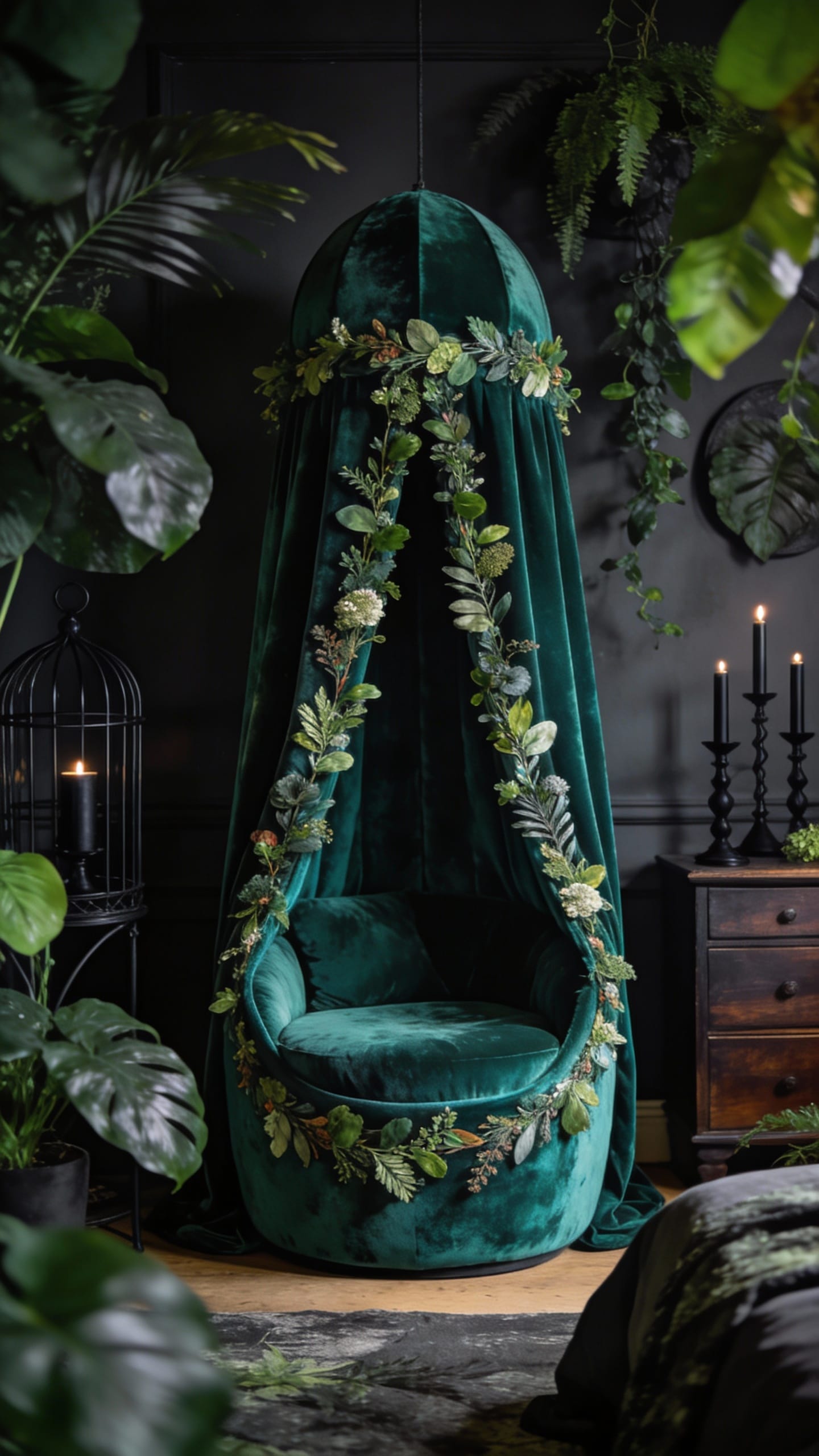 Emerald Velvet Cocoon With Botanical Trim