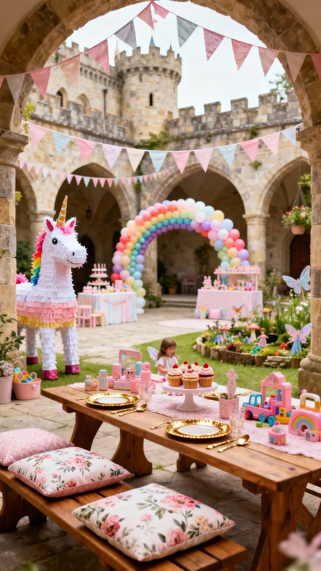 Fairytale Castle Courtyard With Pastel Banners