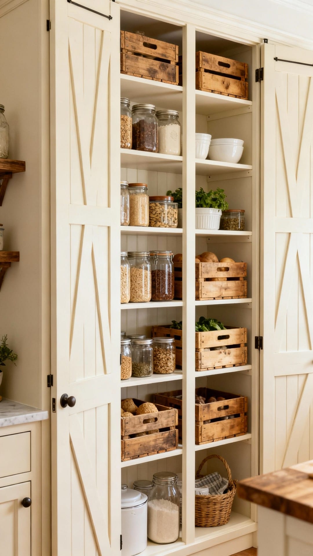 Farmhouse Pantry With Dutch Doors and Crates