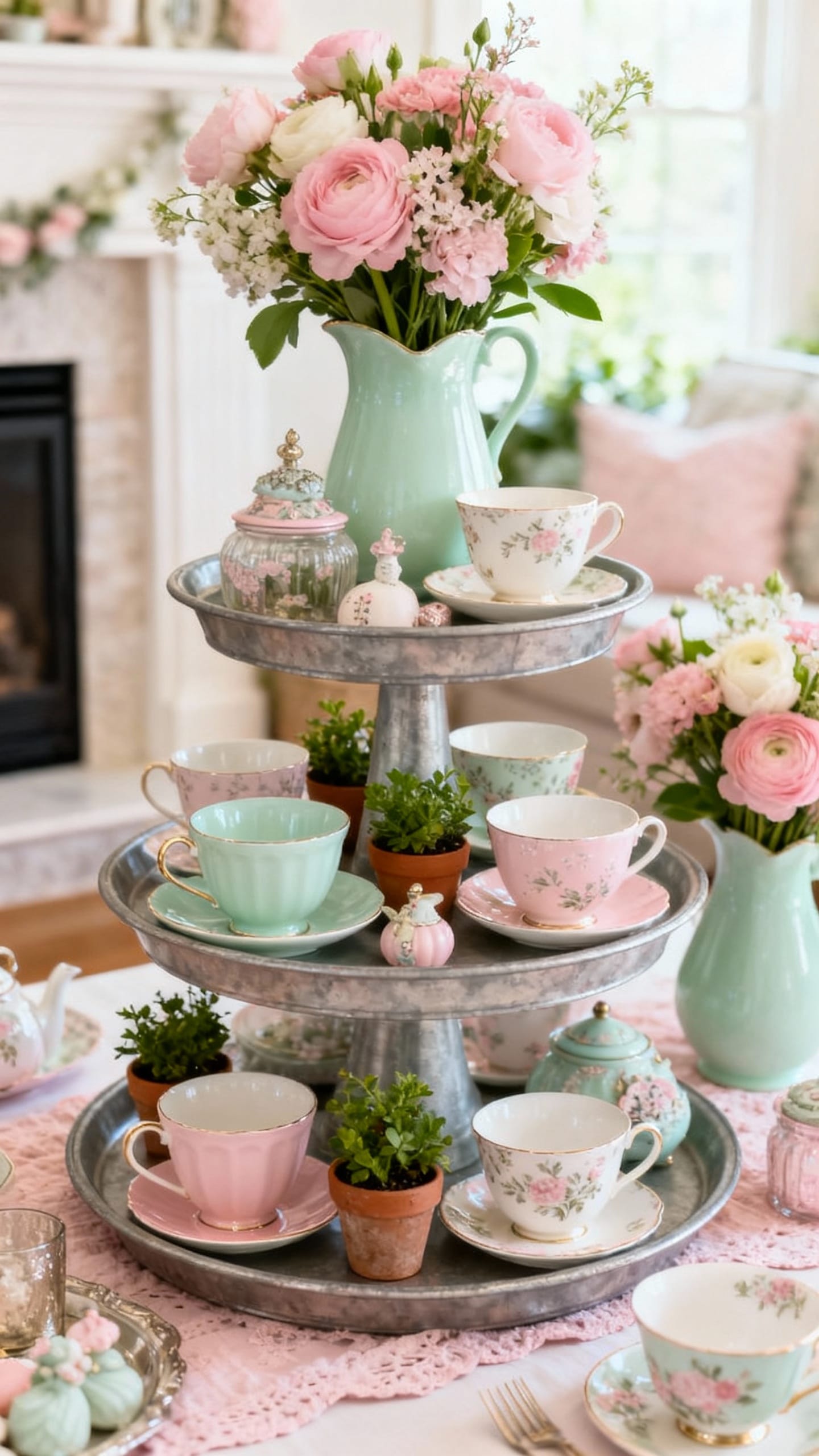 Garden Tea Party Mantel With Tiered Trays
