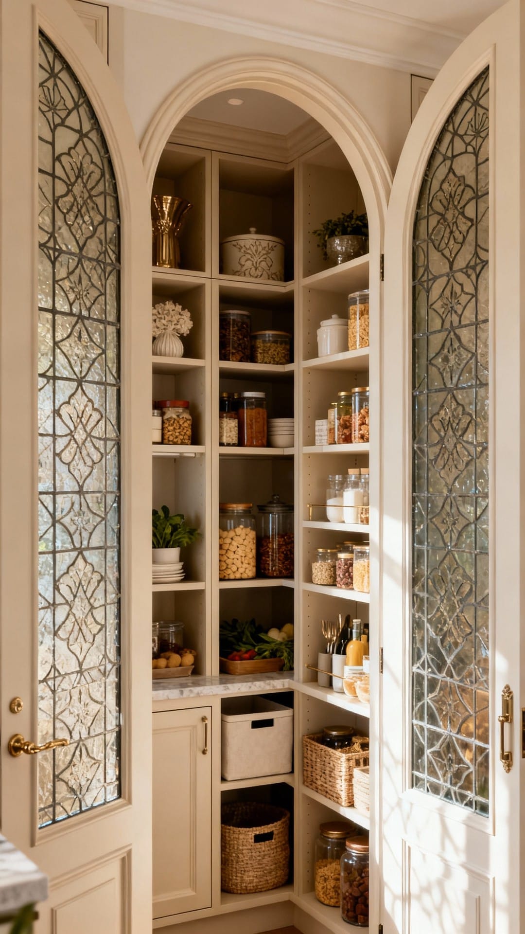 Glam Deco Pantry With Arches and Patterned Glass