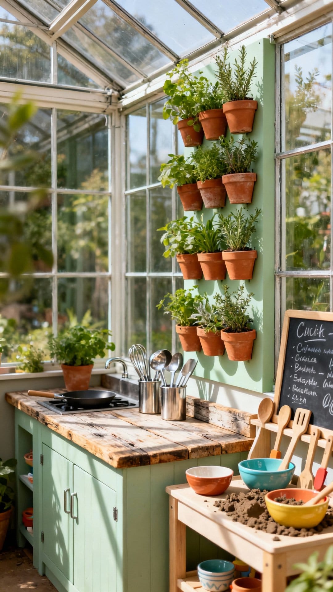 Greenhouse Chef’s Bench With Herb Wall