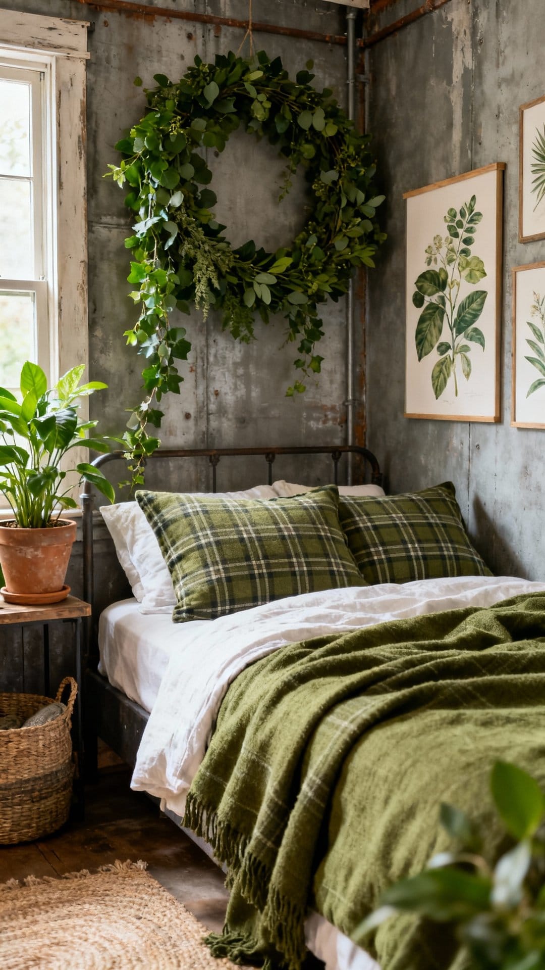 Industrial Cottage With Olive Plaid