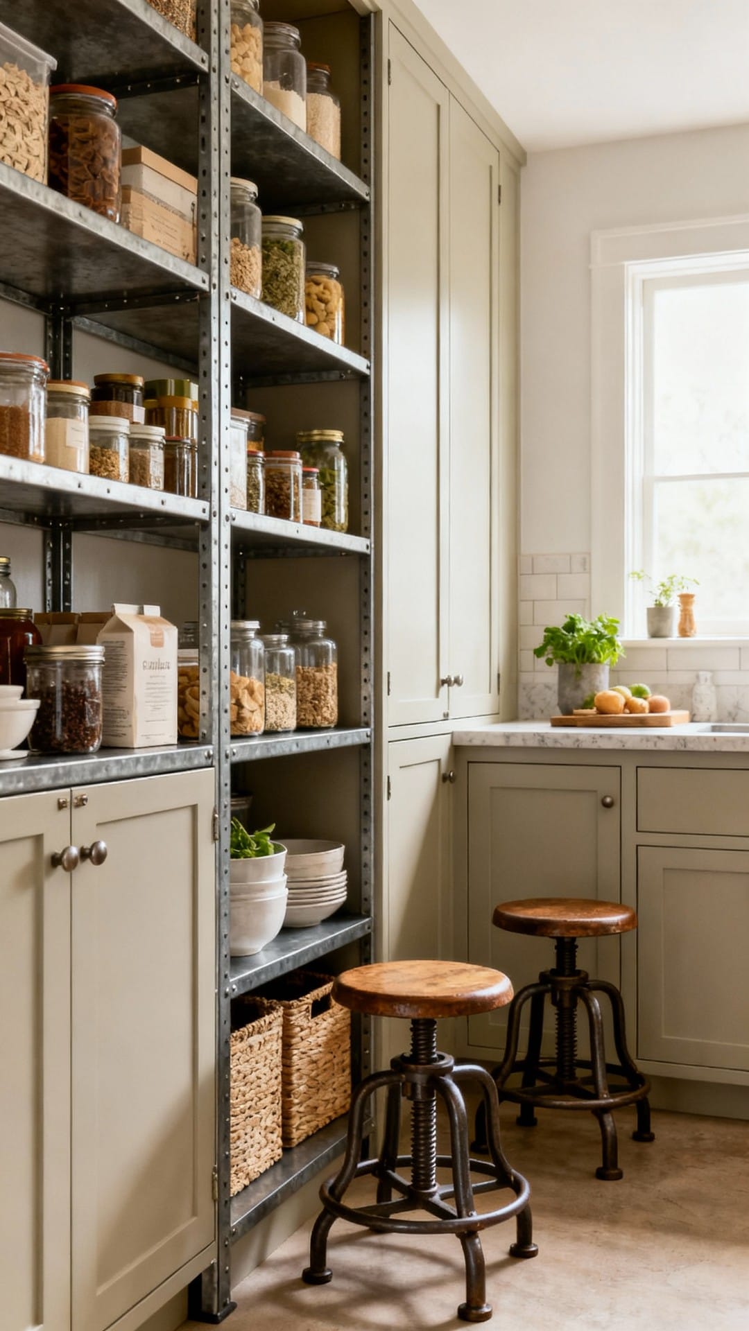 Industrial Pantry With Steel Shelves and Crank Stools