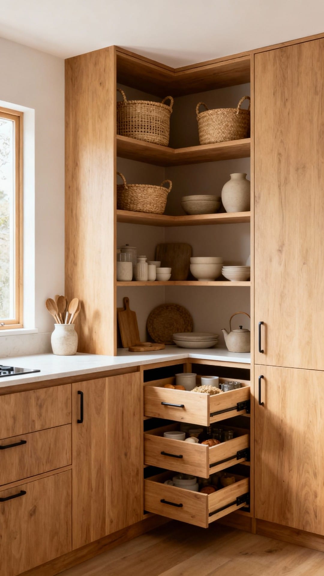 Japandi Corner Pantry With Soft Minimalism