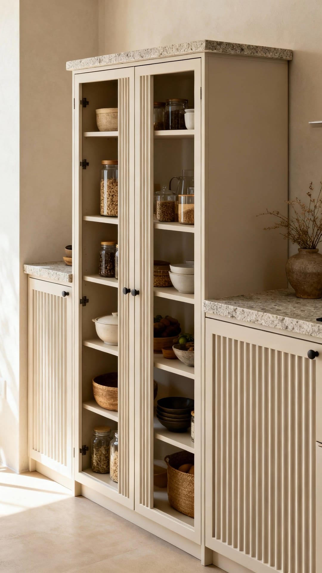 Japandi Pantry With Fluted Doors and Stone Top