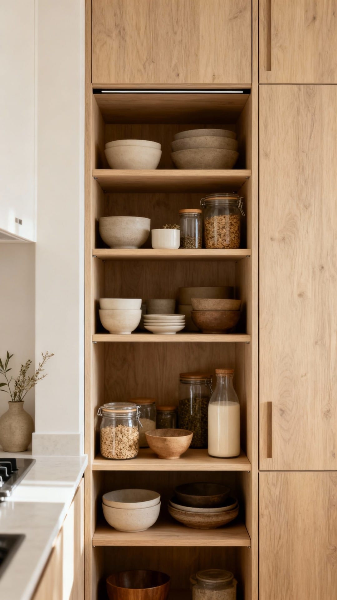 Japandi Serenity With Soft Wood and Hidden Rails