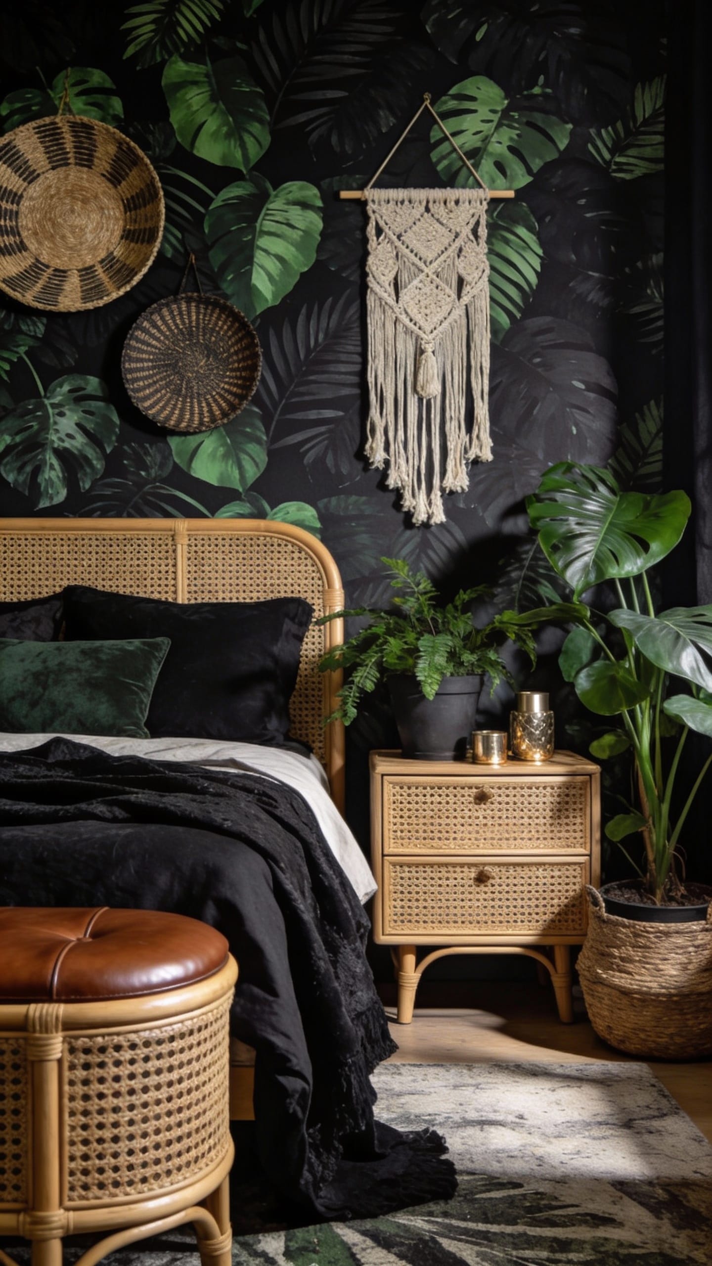 Jungle-at-Midnight With Rattan and Leather