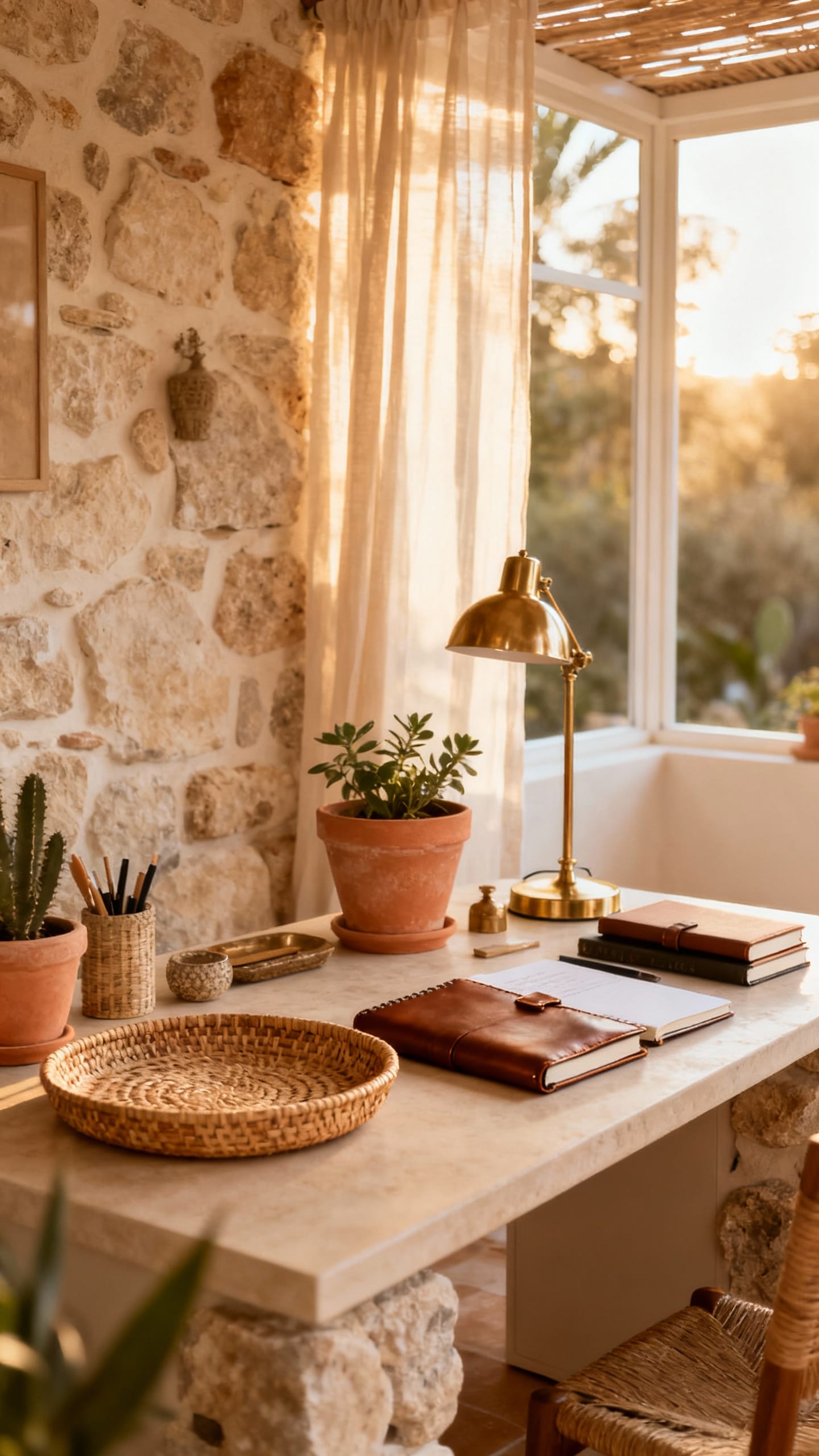 Mediterranean Sunroom Desk with Stone Accents