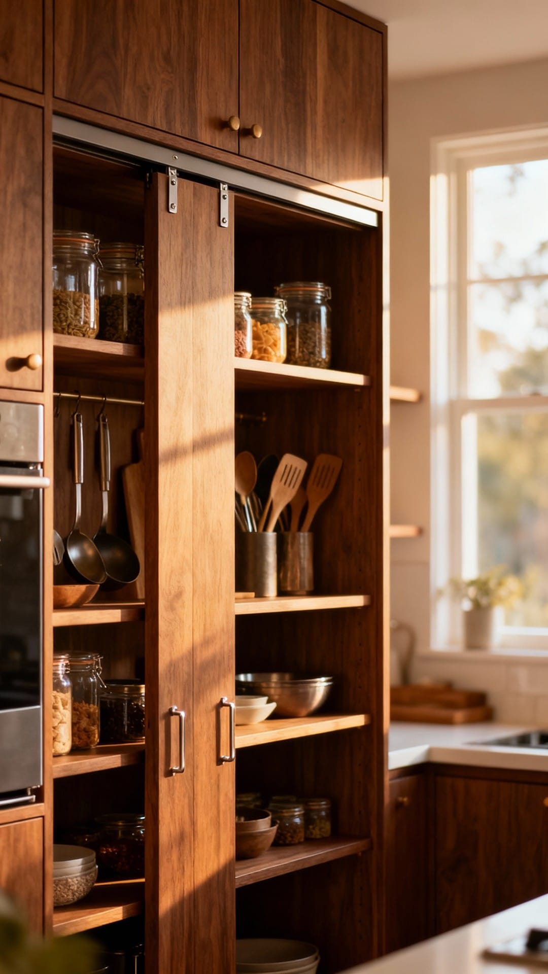 Mid-Century Walnut Pantry With Sliding Doors