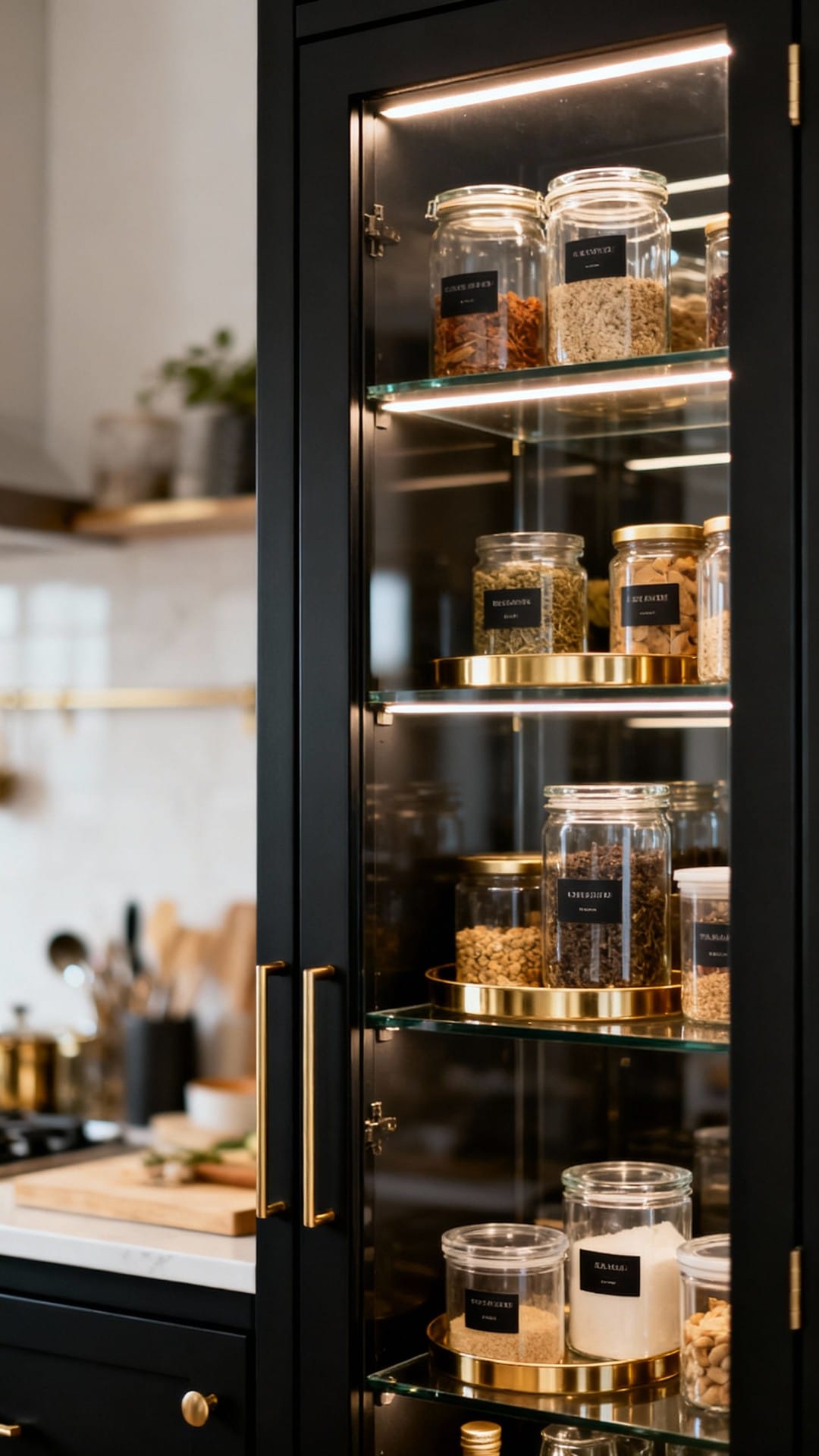 Modern Black-and-Glass Pantry With LED Glam