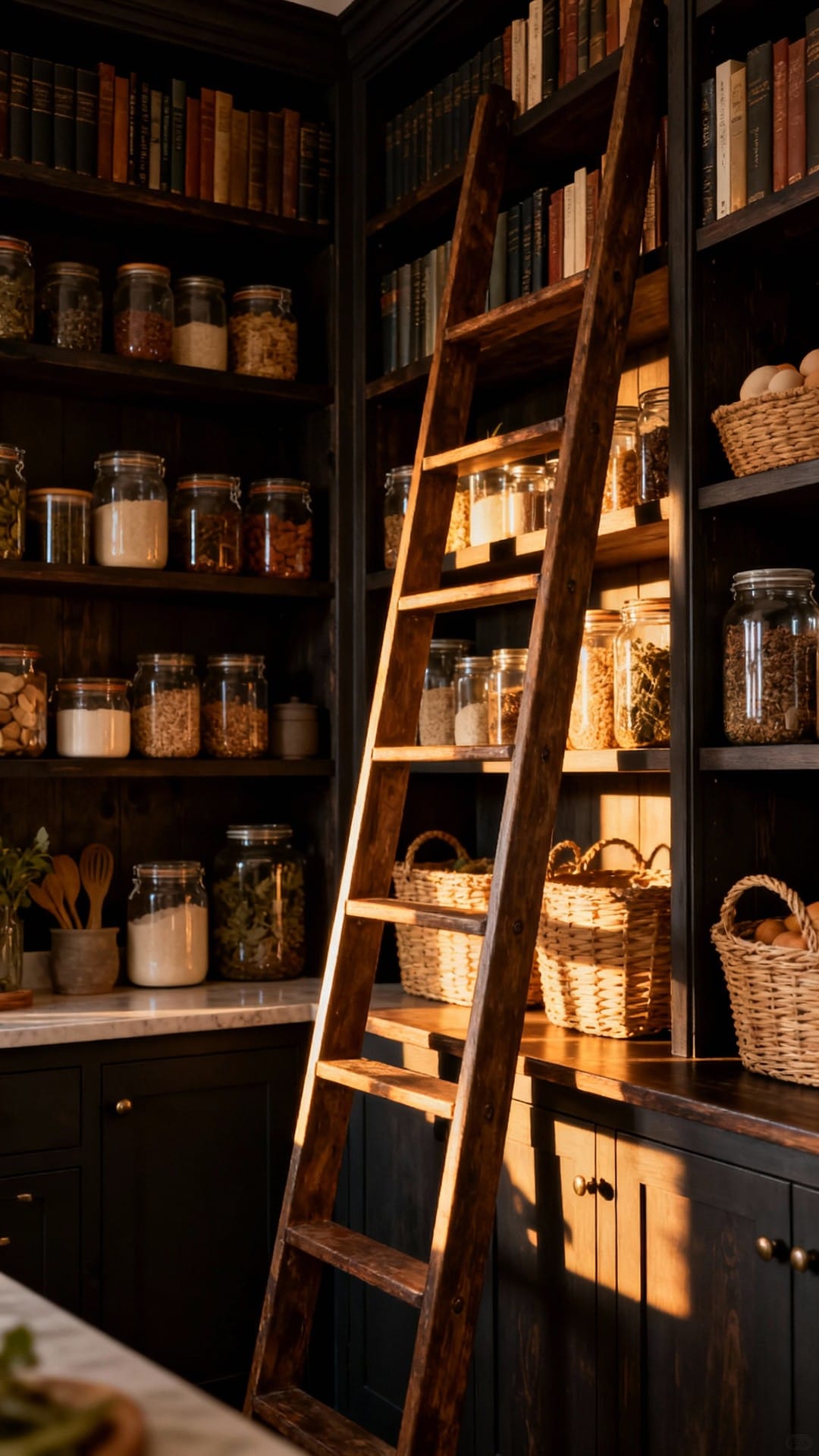 Moody Library Pantry With Ladder and Dark Wood