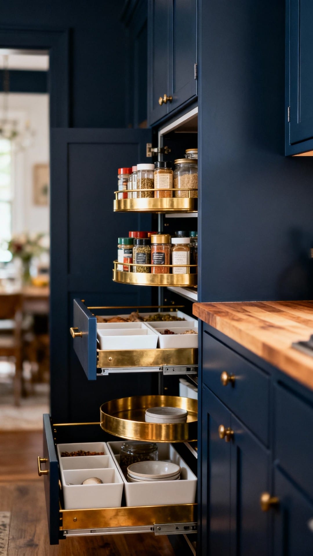 Moody Midnight Kitchen with Brass-Lined Pullouts