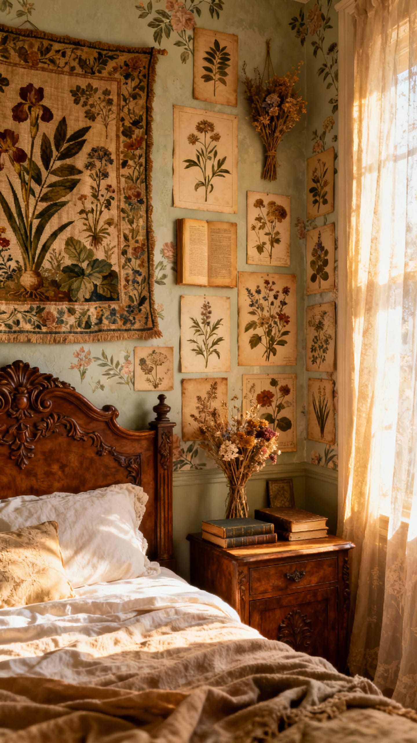 Old-World Botanical With Tapestries and Carvings