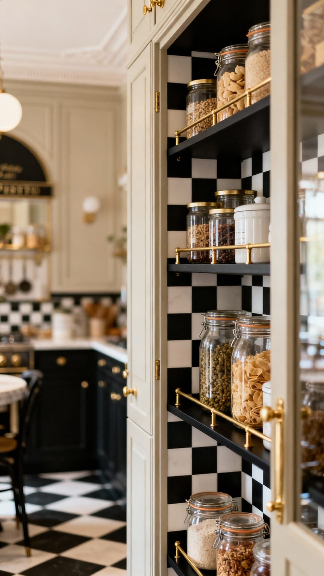 Parisian Bistro Pantry With Black-and-Brass and Checkerboard