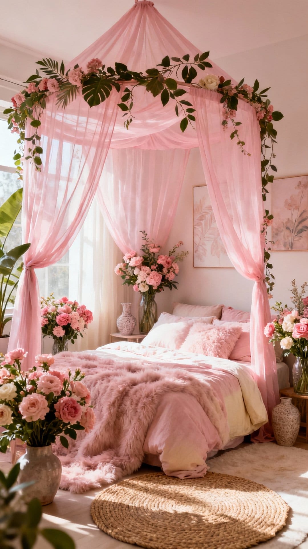 Pink Botanical Canopy with Sheer Drapes