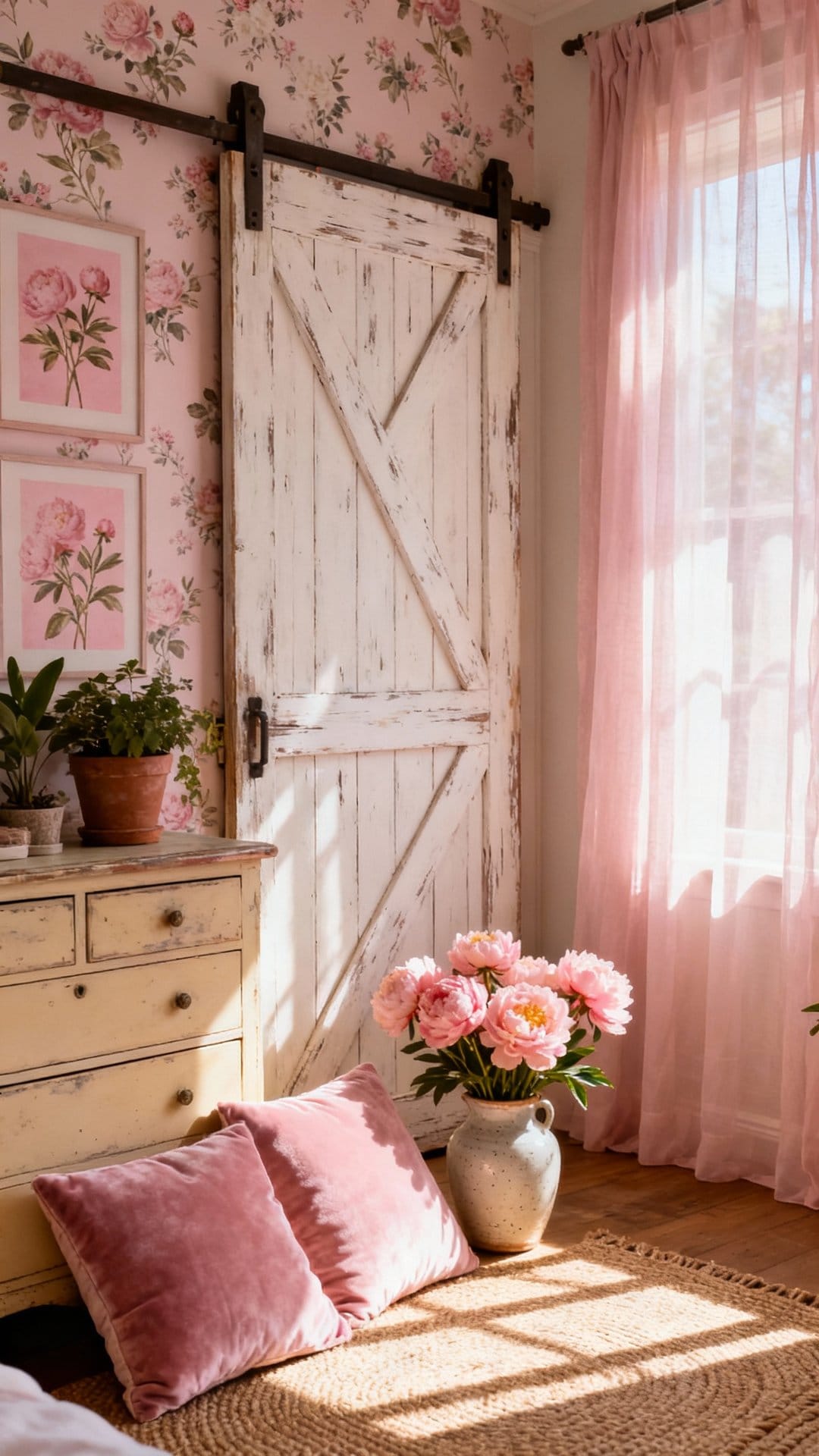 Pink Botanical Farmhouse with Barn Door Charm