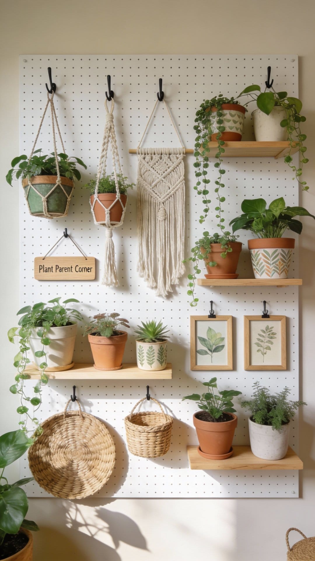 Plant Parent Corner With Pegboard Wall Grid