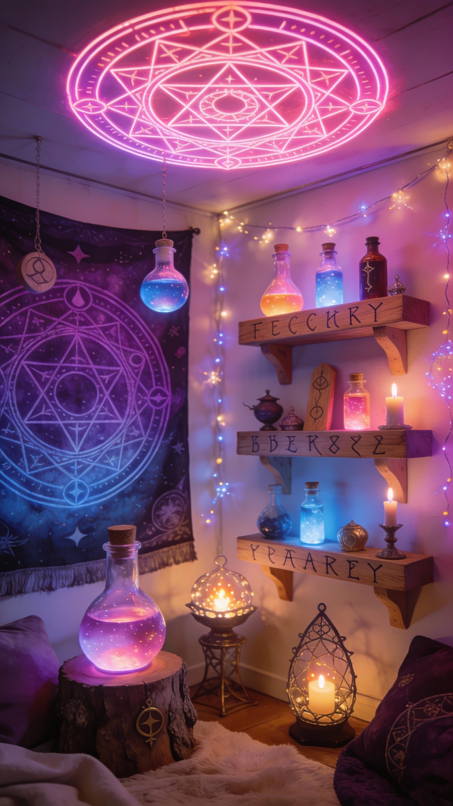 Potion-Glow Game Den With Neon Sigils
