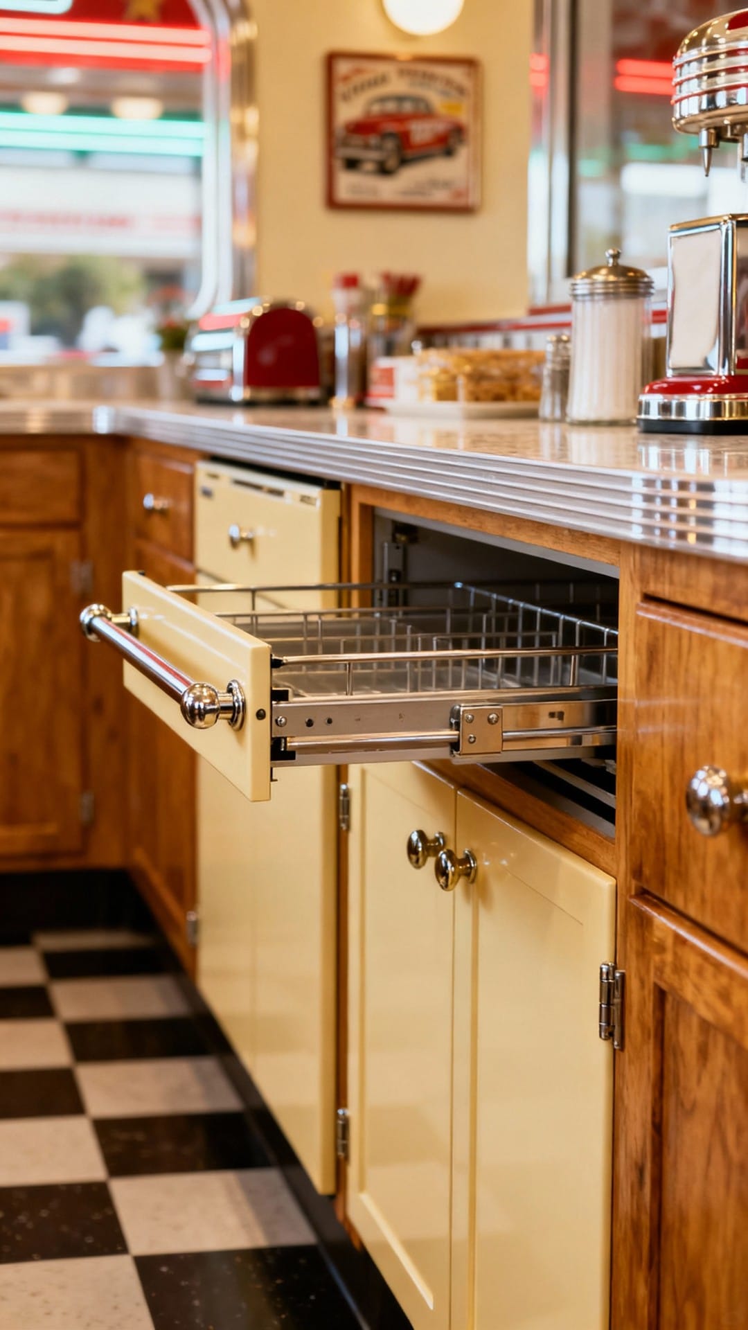 Retro Diner Pop with Chrome-Rail Pullouts