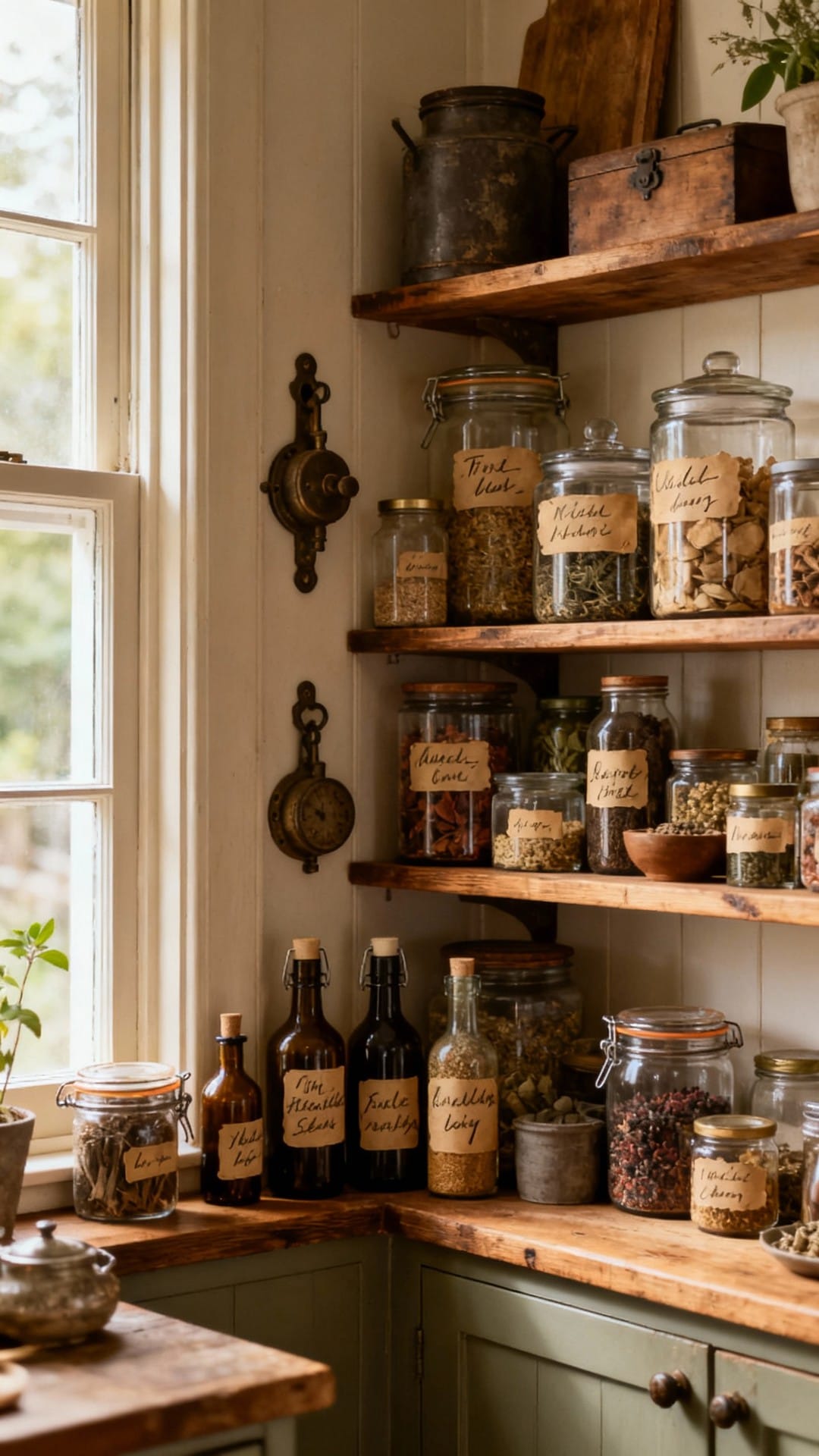 Rustic Apothecary Corner With Label-Heavy Storage