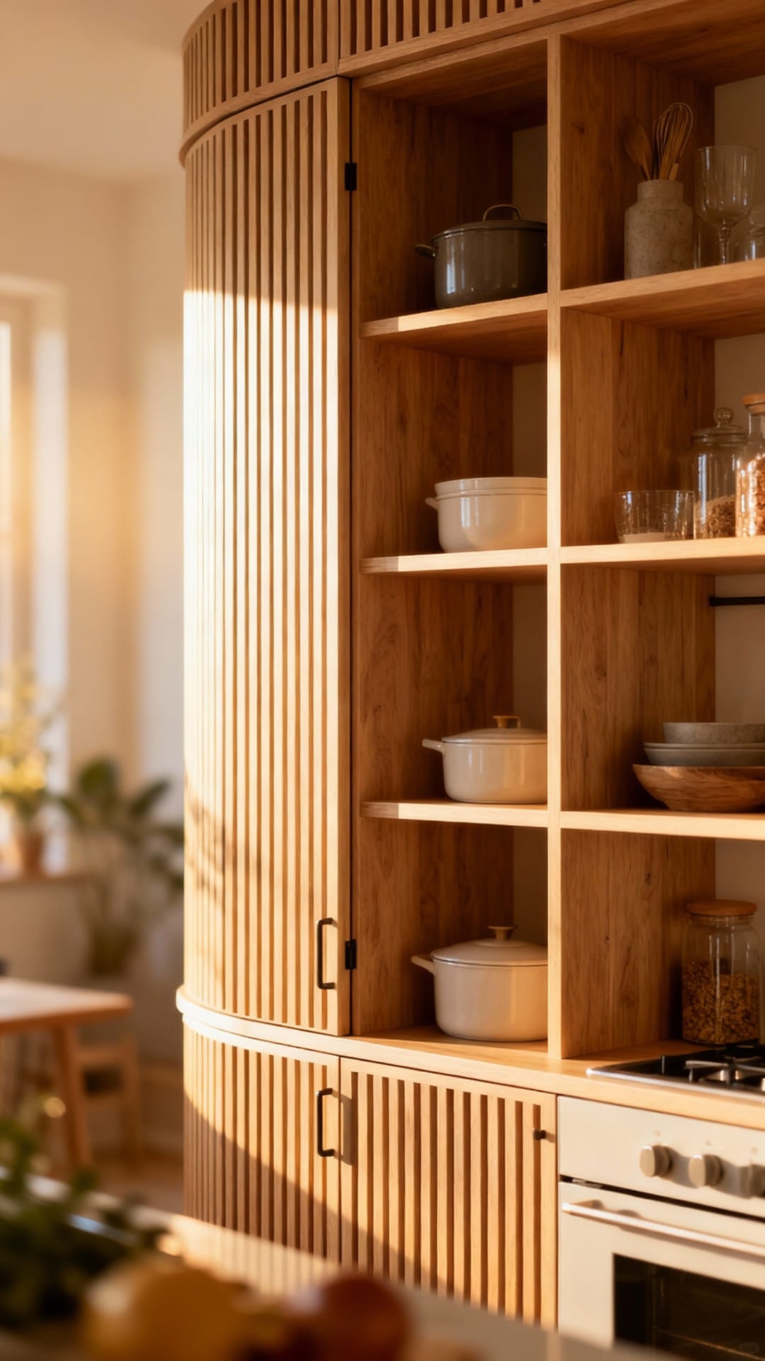 Scandinavian Slatted-Wood Pantry With Open Cubes