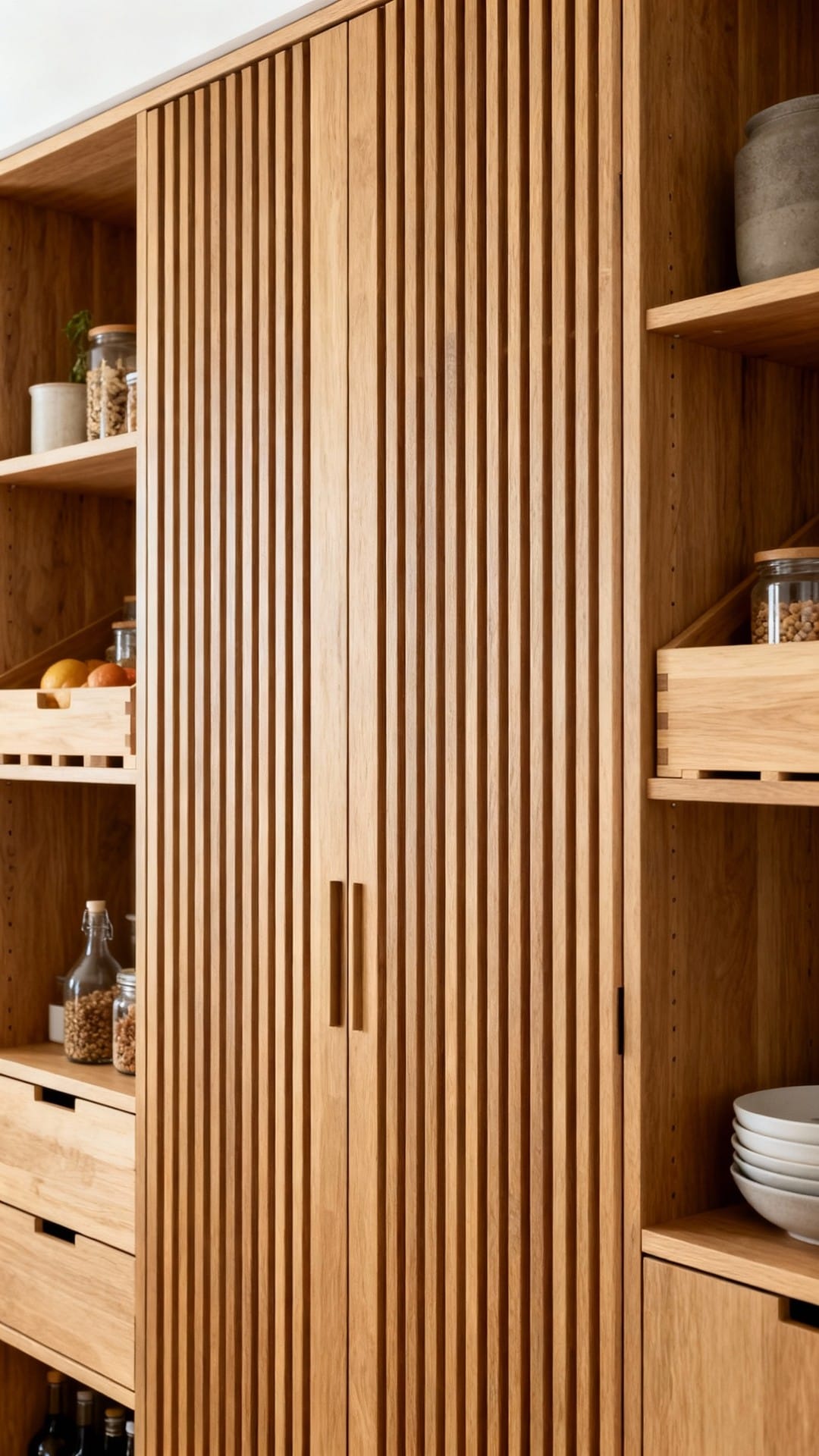 Scandinavian Slatted Oak Pantry With Hidden Handles