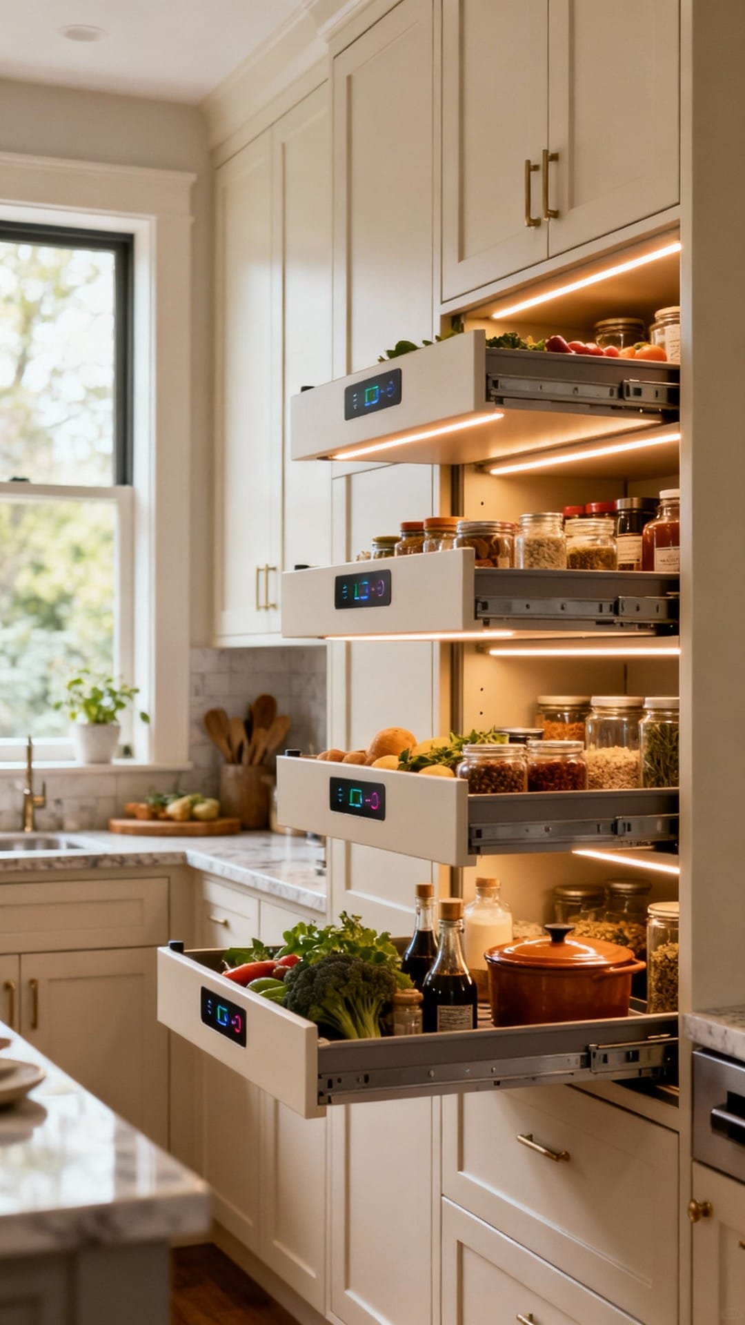 Smart-Tech Pantry Wall with Sensor-Lit Pullouts
